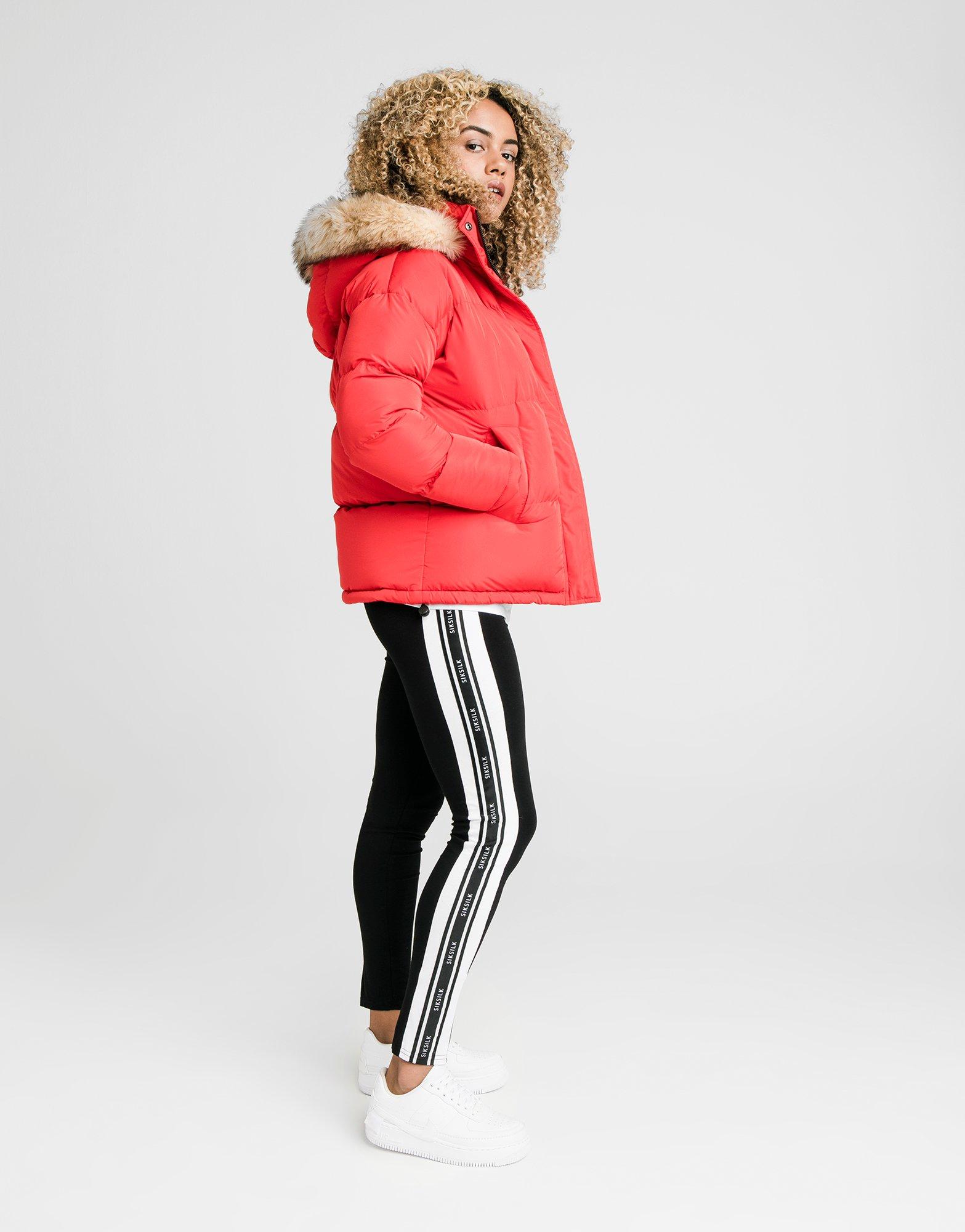 siksilk fur hood padded jacket red