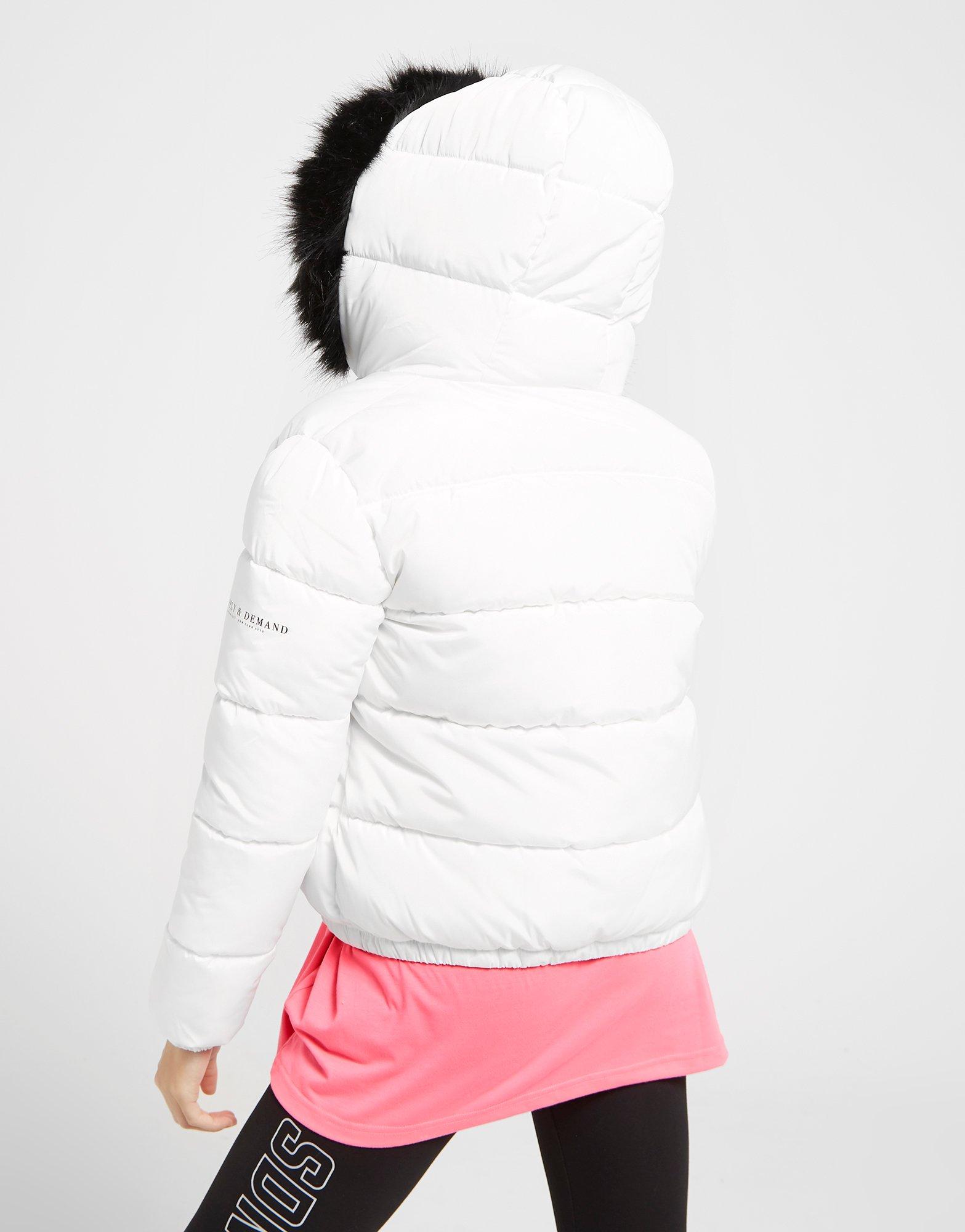 white puffer jacket with fur hood