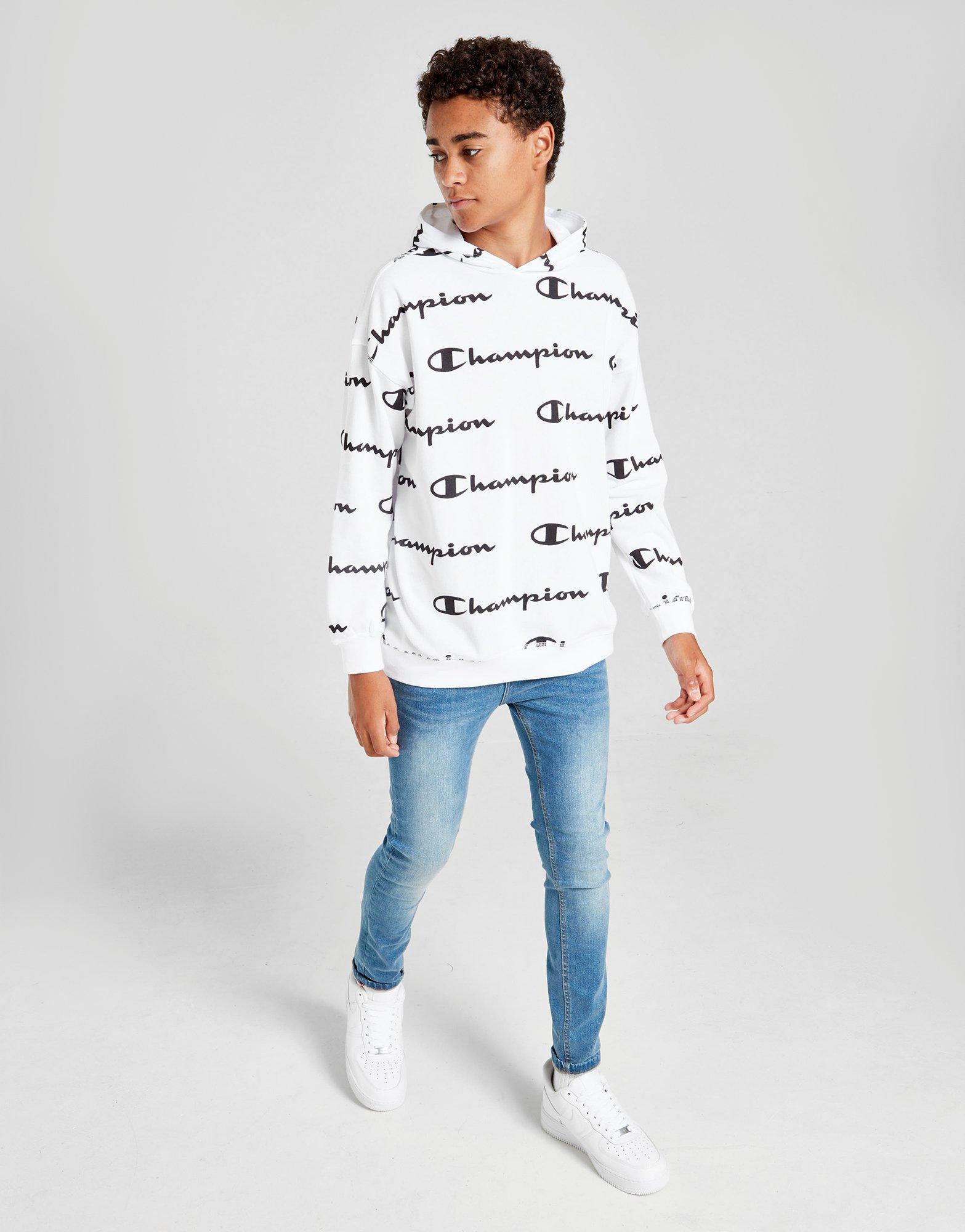 white champion all over print hoodie