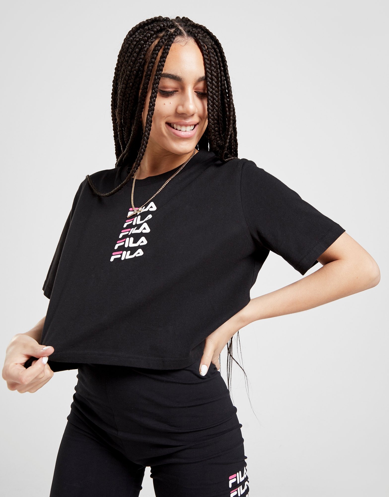 Buy Black Fila Repeat Logo Crop TShirt JD Sports JD Sports Ireland
