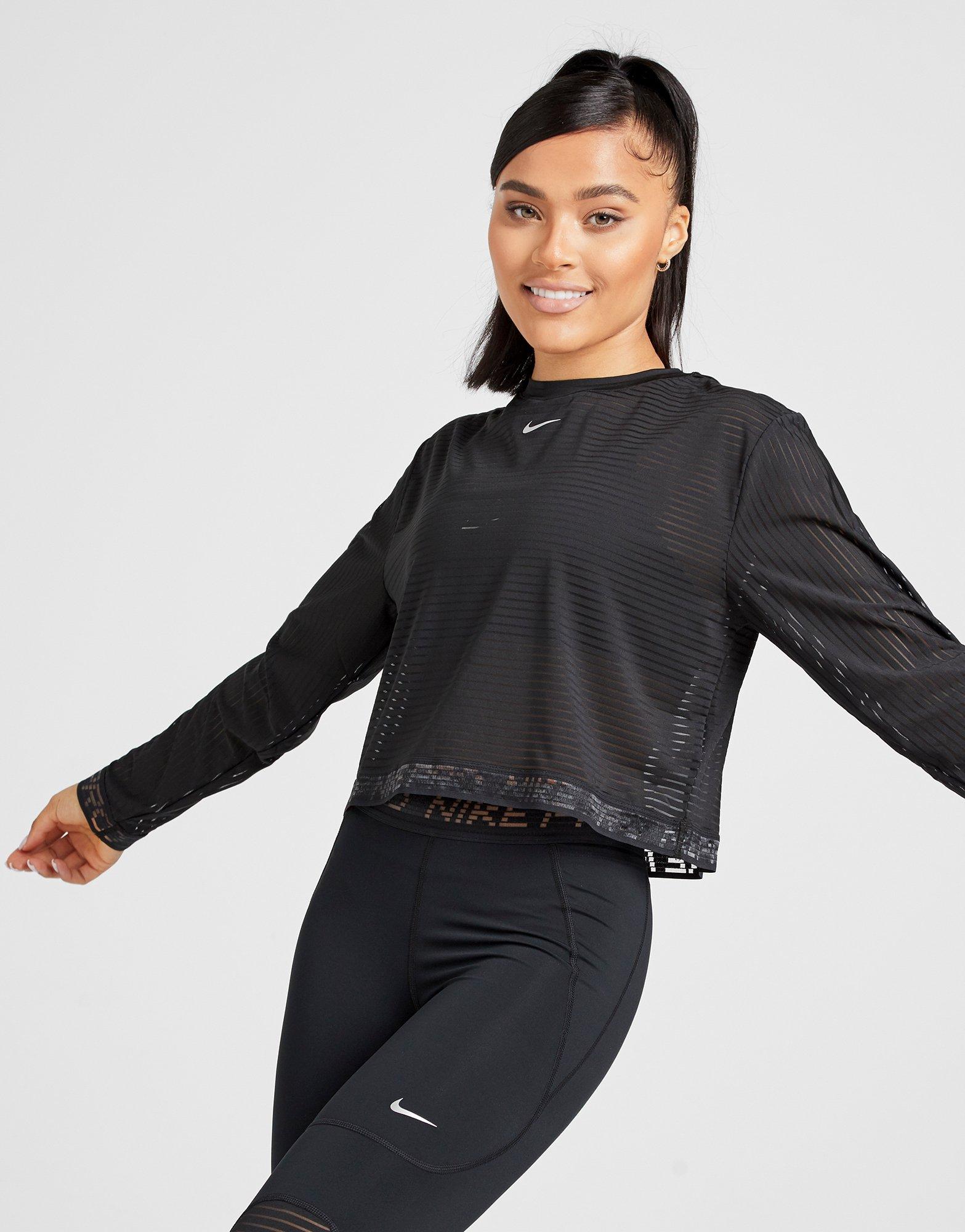 nike training long sleeve mesh crop top in black