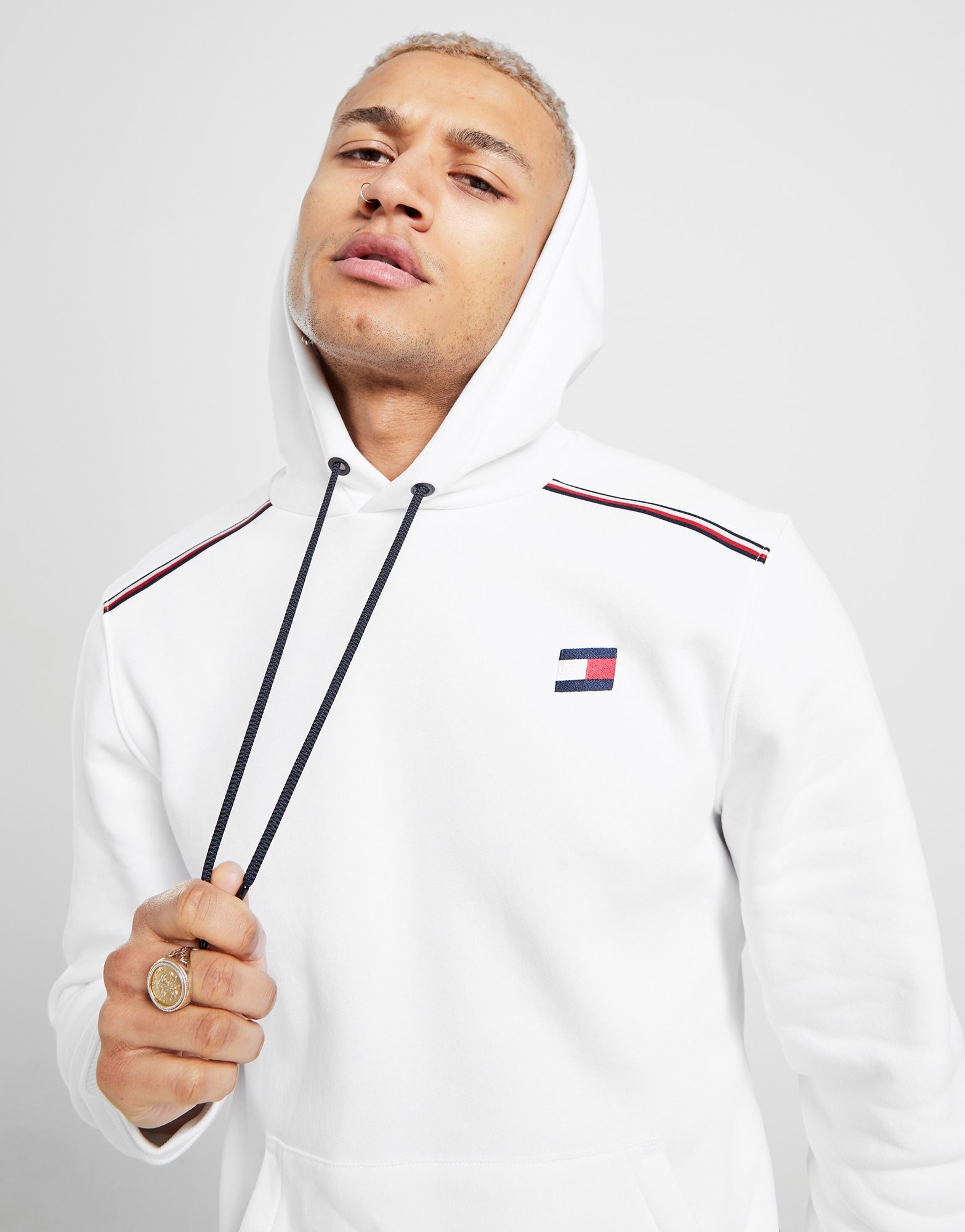 Buy White Tommy Hilfiger Tri Tape Overhead Hoodie | JD Sports