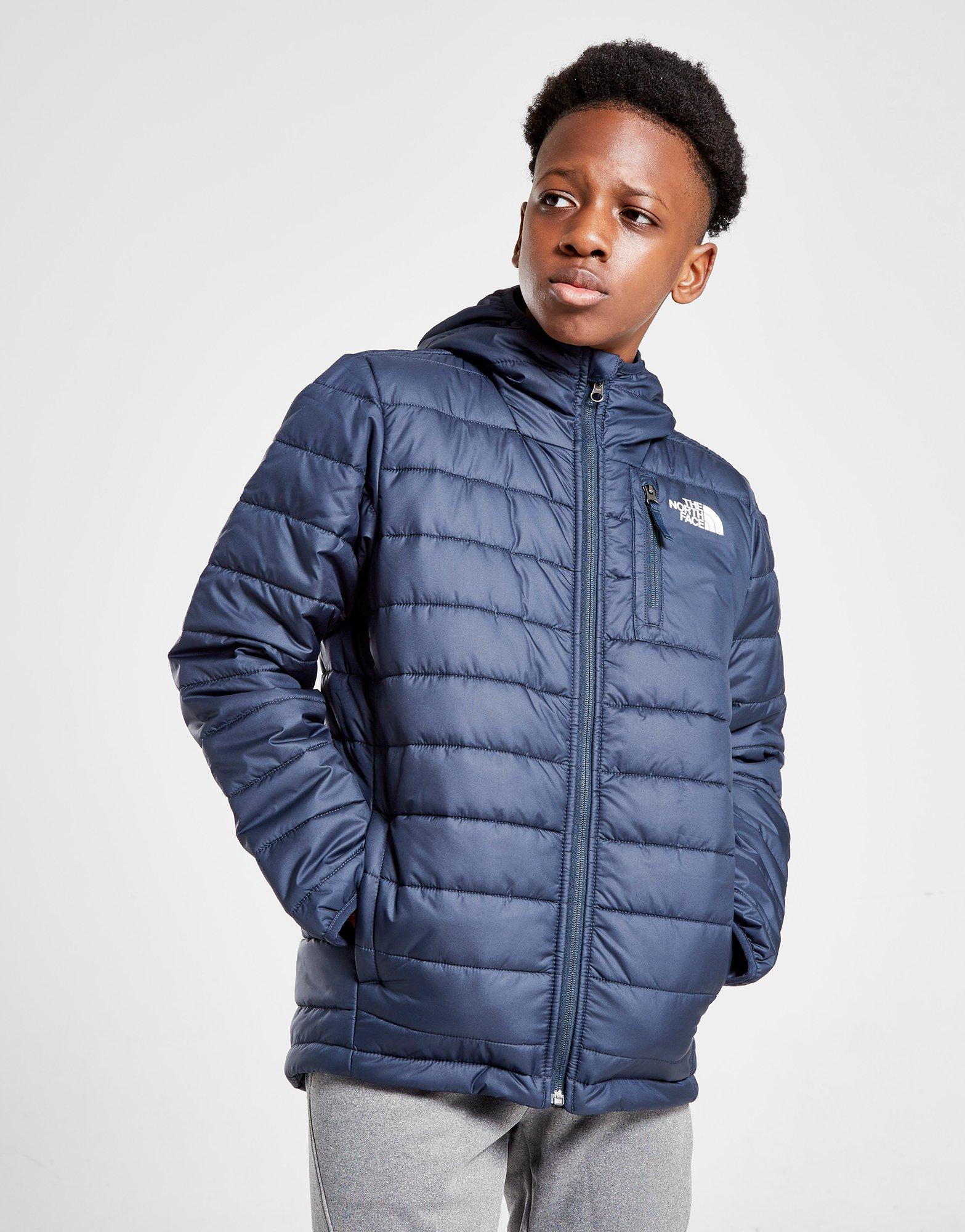 grey and blue north face jacket
