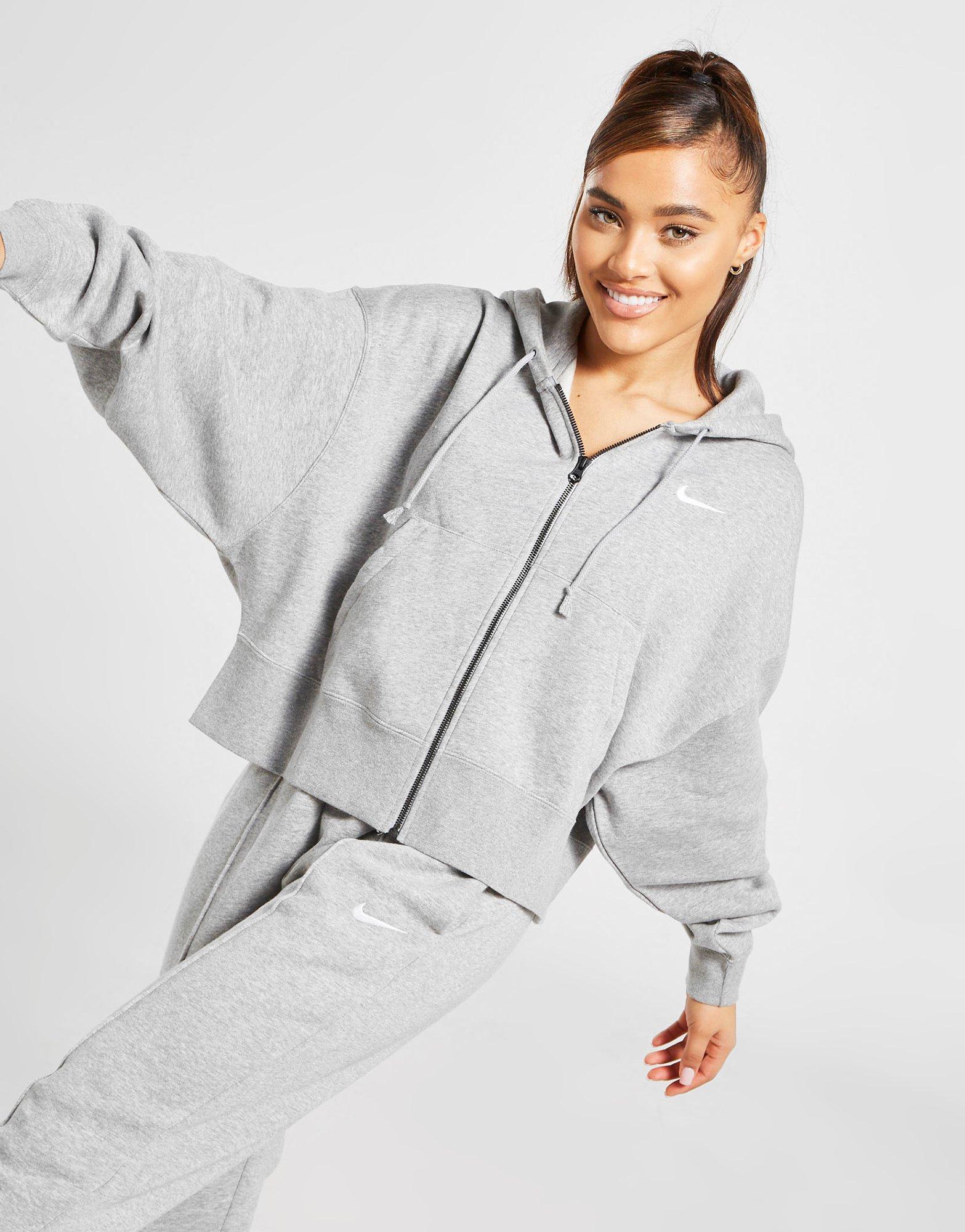 nike mini swoosh oversized cropped grey zip through hoodie