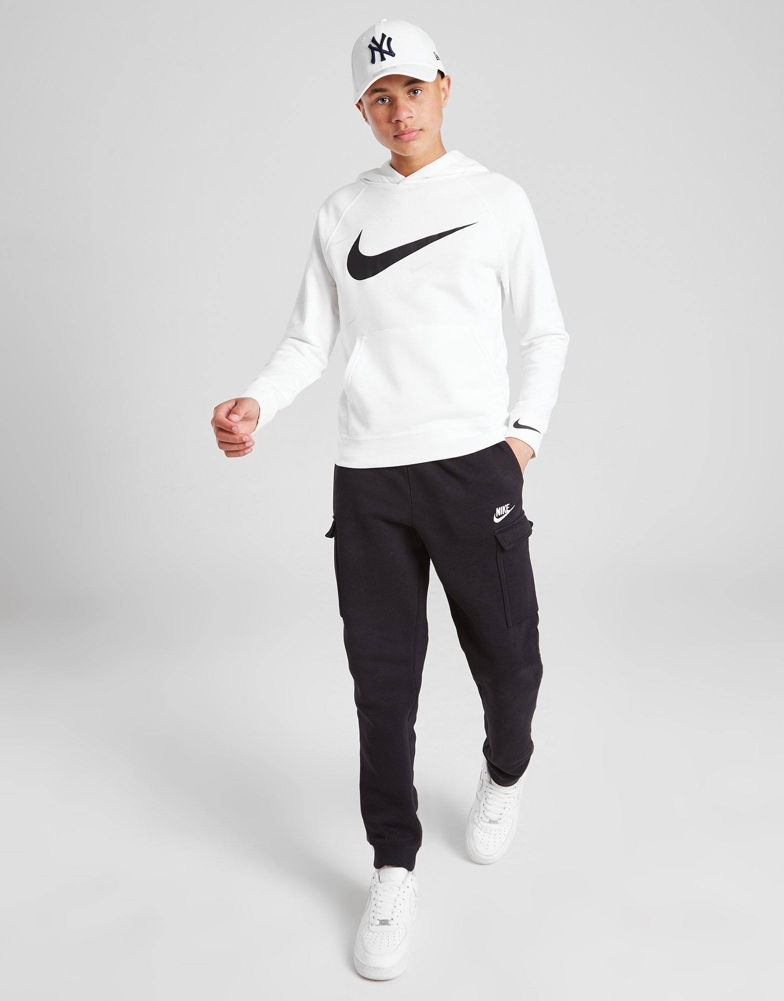 White Nike All Over Print Swoosh Pullover Hoodie Junior | JD Sports