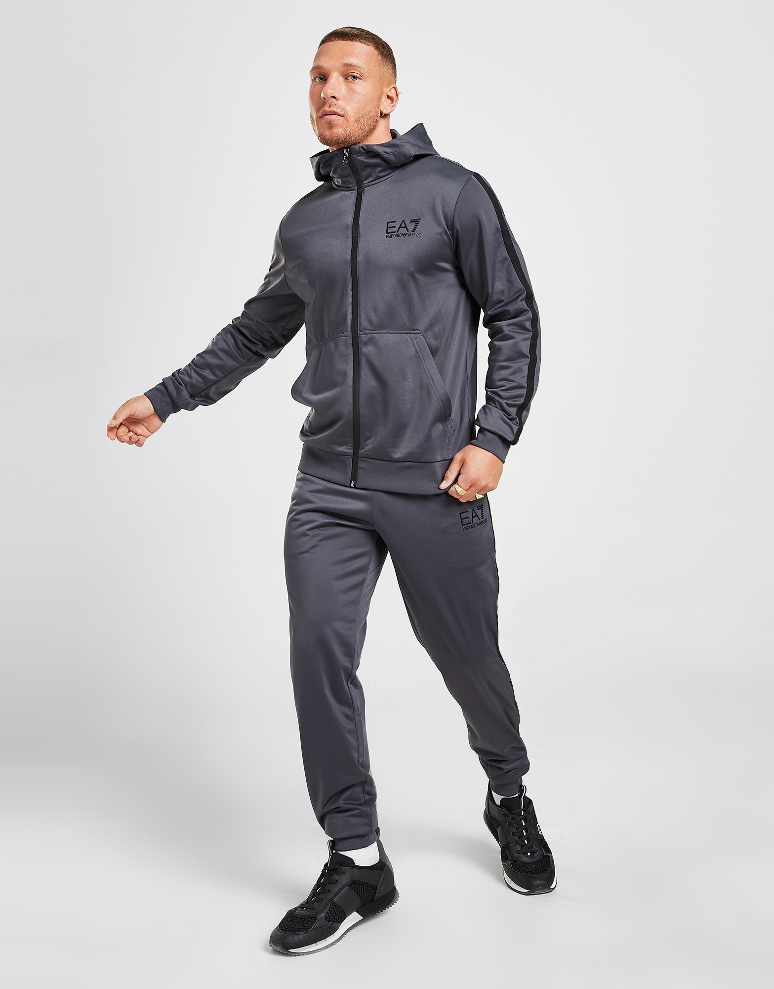 Grey Emporio Armani EA7 Elasticated Tape Full Zip Poly Tracksuit - JD ...