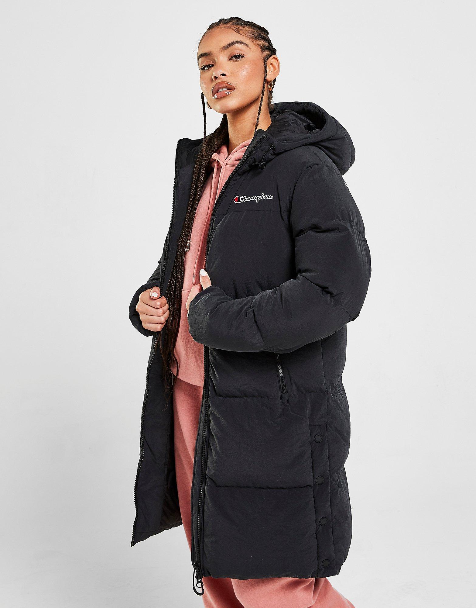 champion script hood long padded jacket