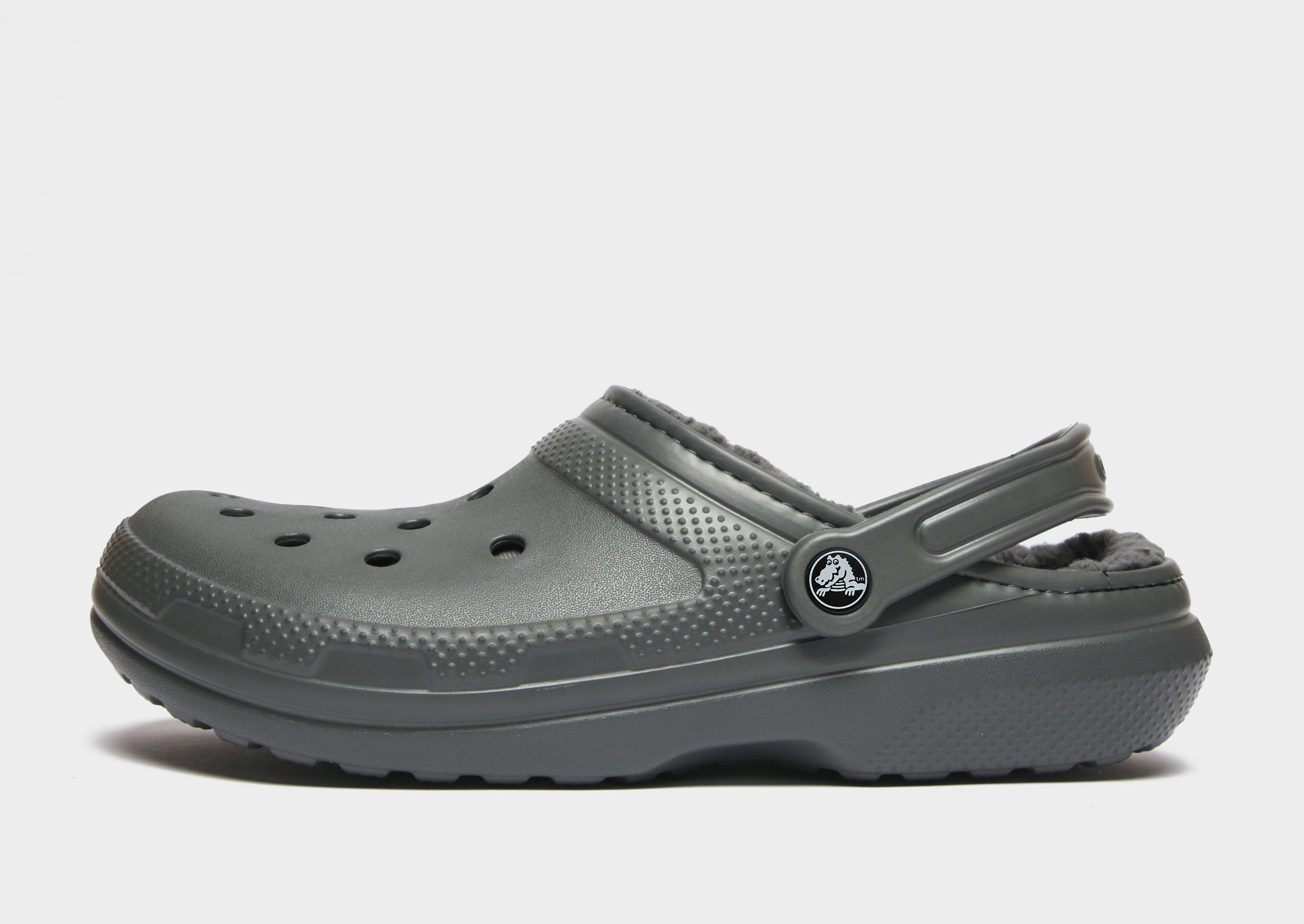 Grey crocs cheap with white fur