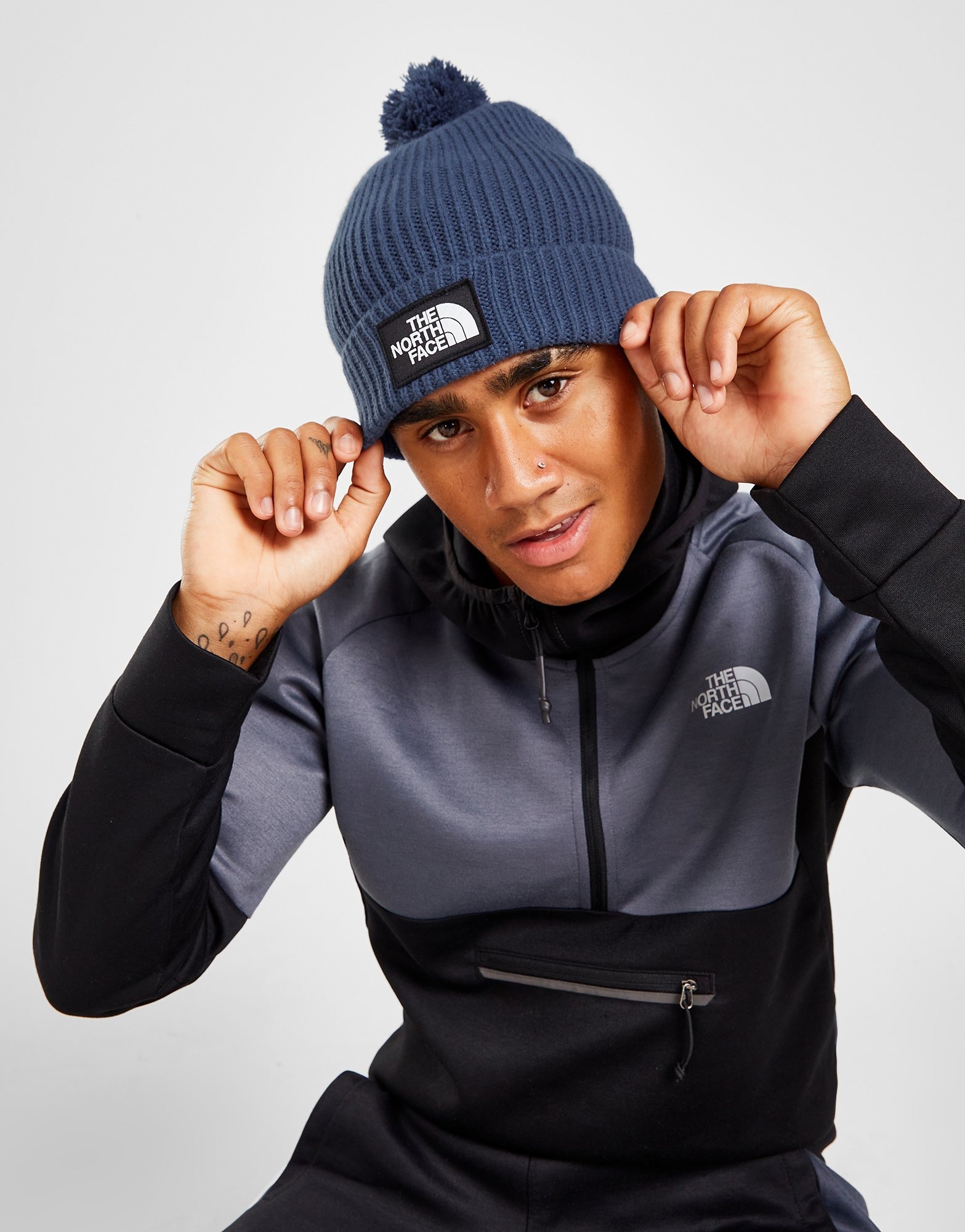 Blue The North Face Logo Pom Beanie Hat JD Sports