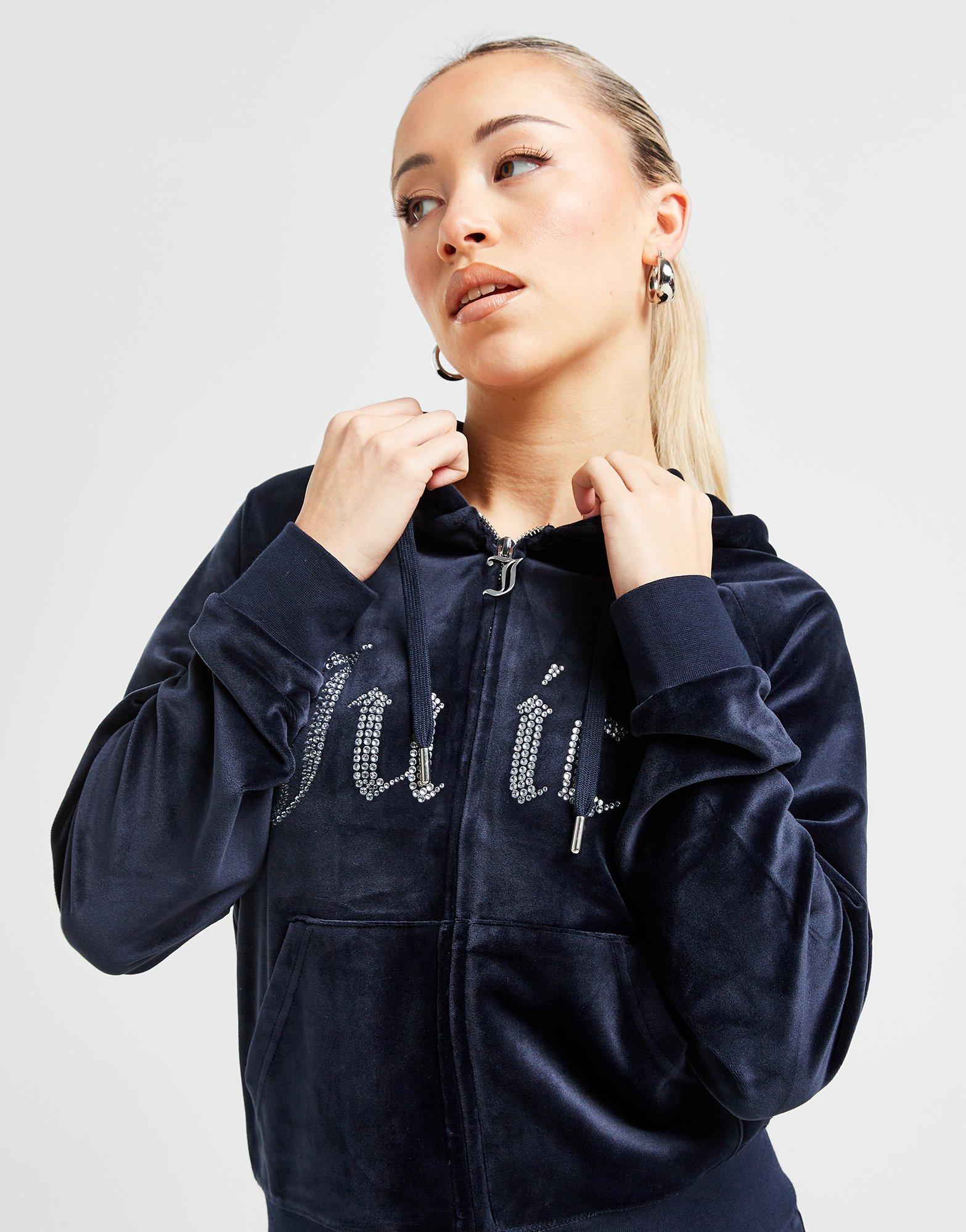 Juicy Couture Women's Classic Velour Rhinestone Logo Comfort Fit Full Zip Hooded Jacket (Regal Blue, L)