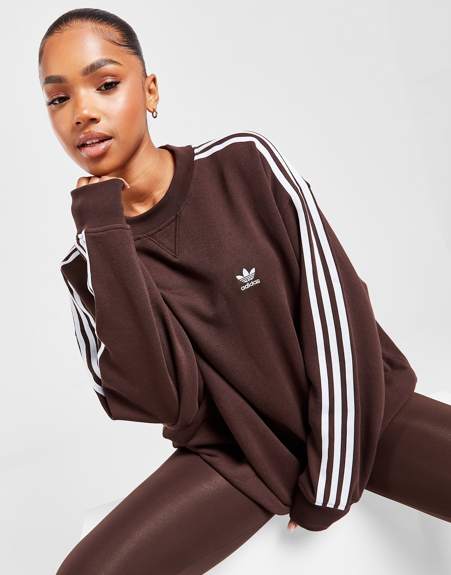 Buy Brown adidas Originals 3-Stripes Crew Sweatshirt