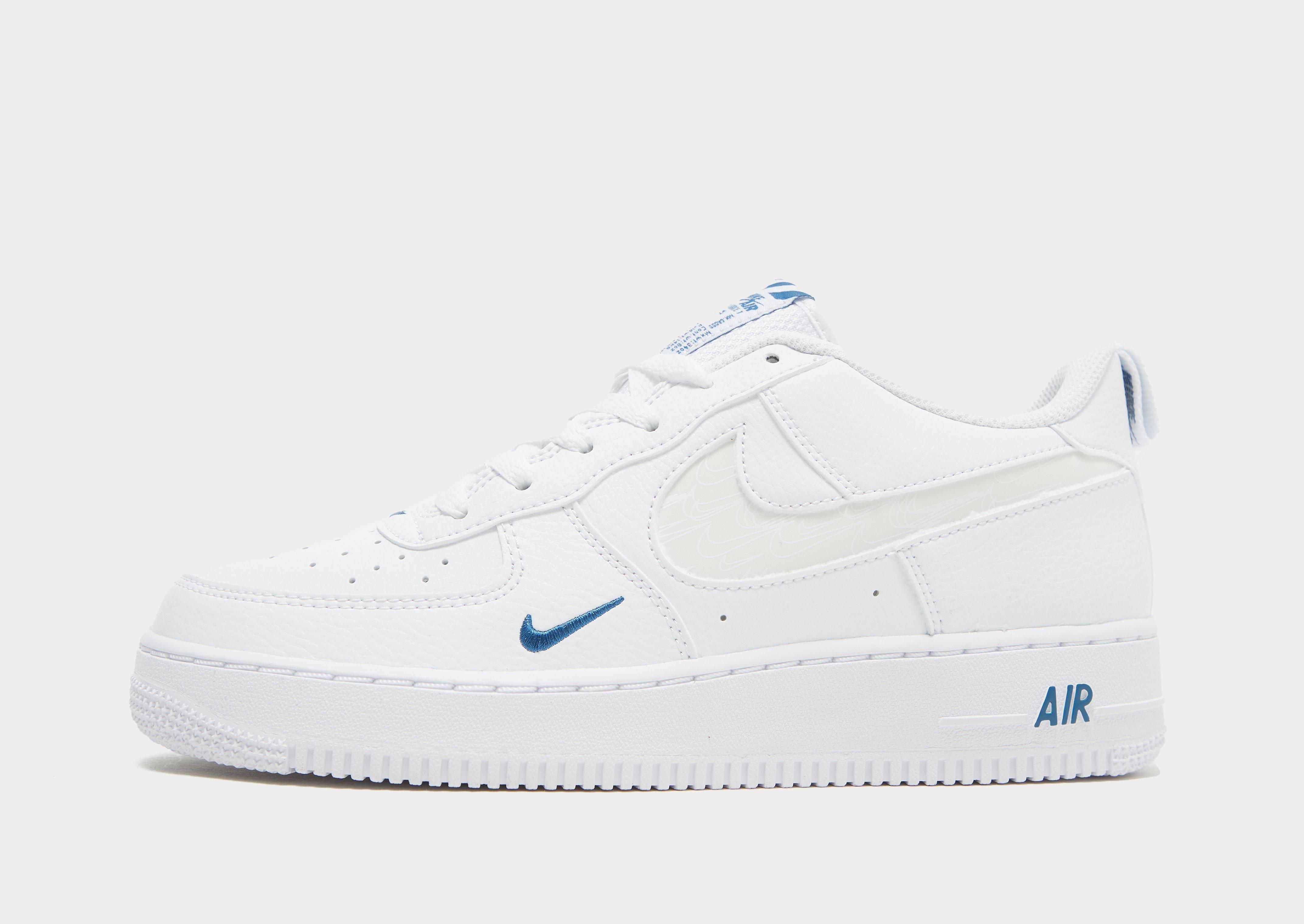 white & blue air force 1 lv8 3 trainers