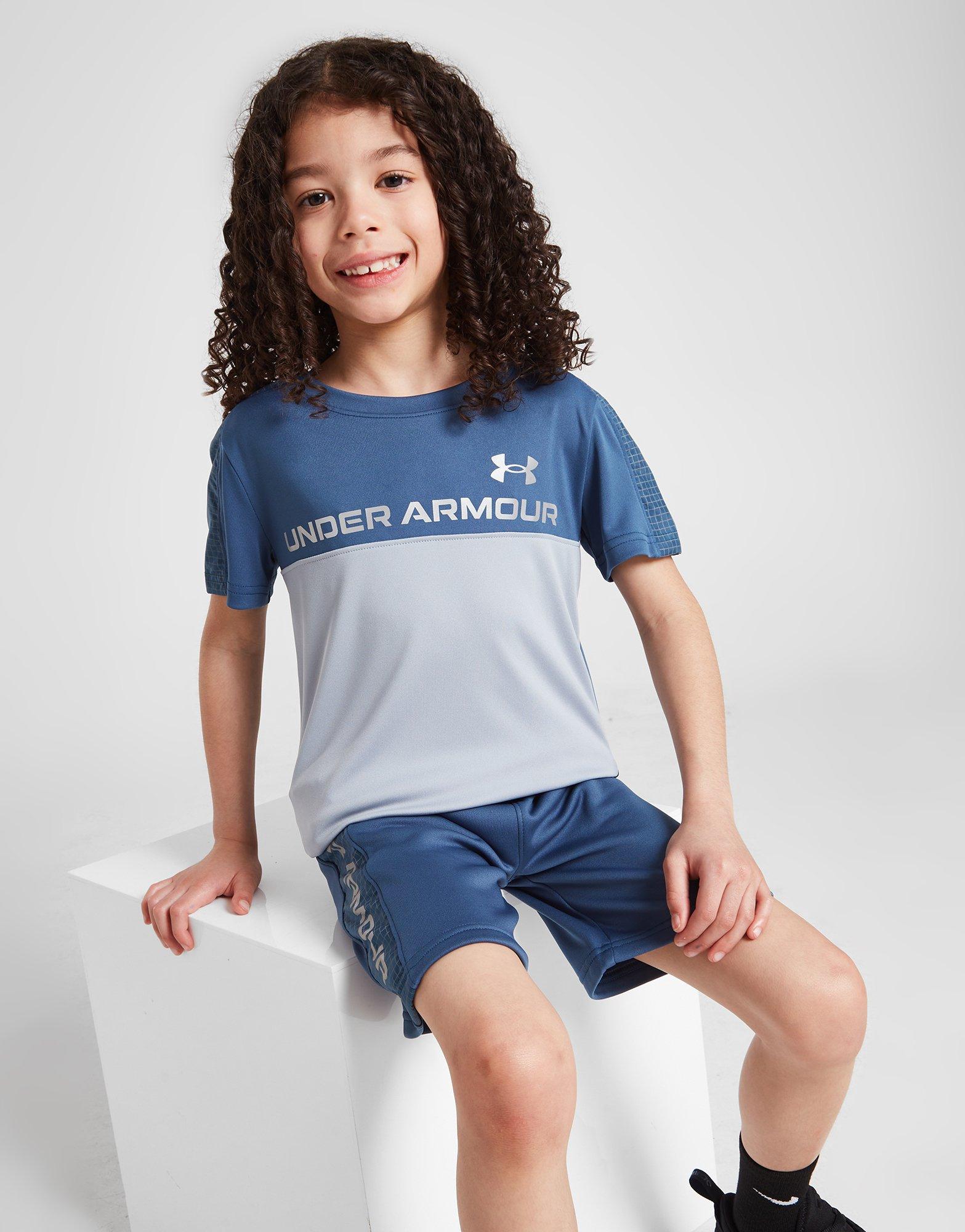 cuello Minúsculo Ligero Under Armour conjunto camiseta/pantalón corto UA Armour Fleece Grid infantil  en Azul | JD Sports España
