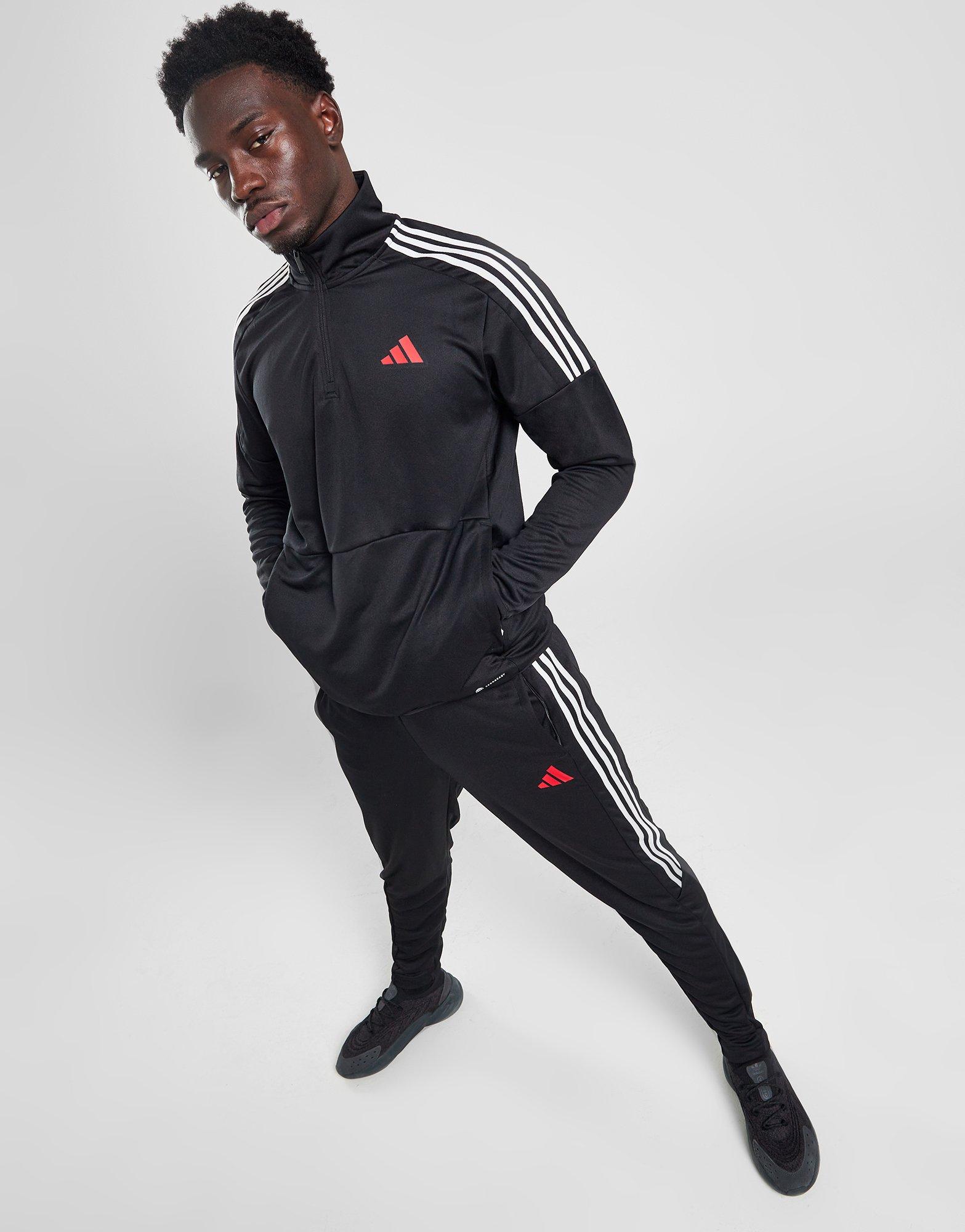 Adidas training 3 stripe online tiro tracksuit in black