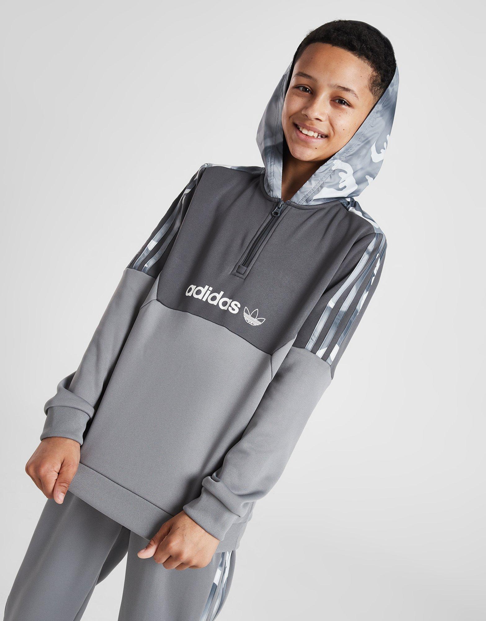 Grey adidas Originals Itasca Camo 1/2 Zip Hoodie Junior | JD Sports UK