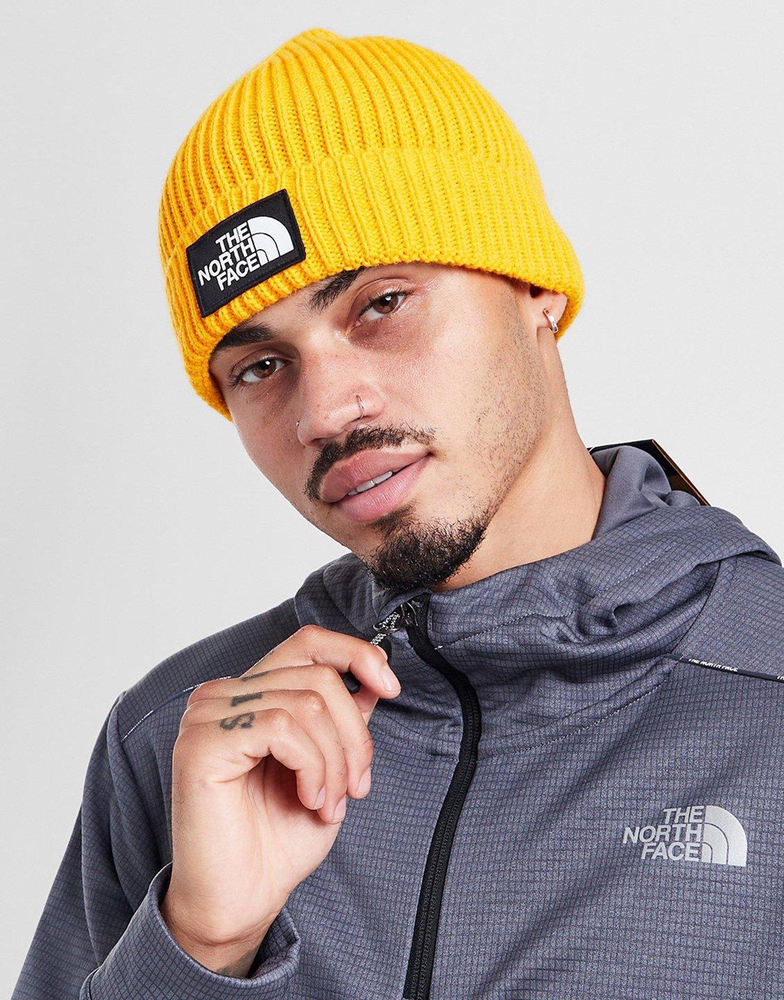 Yellow The North Face Logo Box Cuffed Beanie JD Sports Ireland