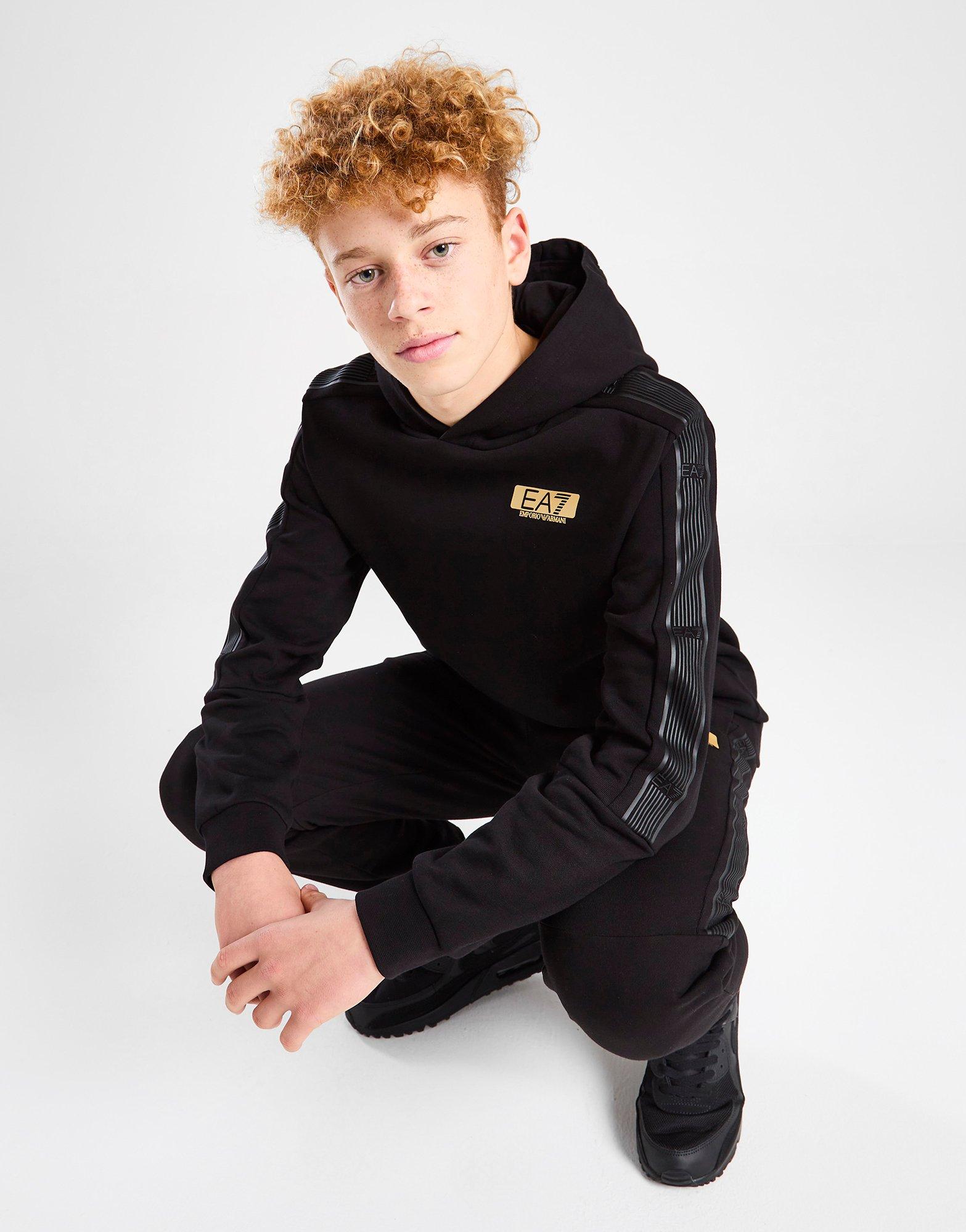 Black Emporio Armani EA7 7 Lines Gold Logo Hoodie Junior | JD