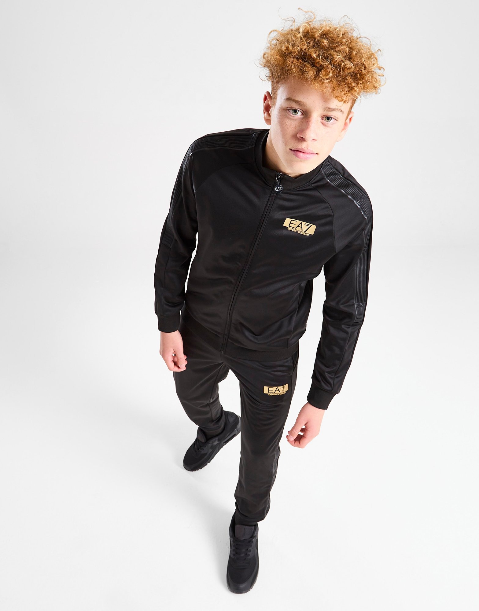 Black Emporio Armani EA7 7 Lines Poly Gold Logo Tracksuit Junior