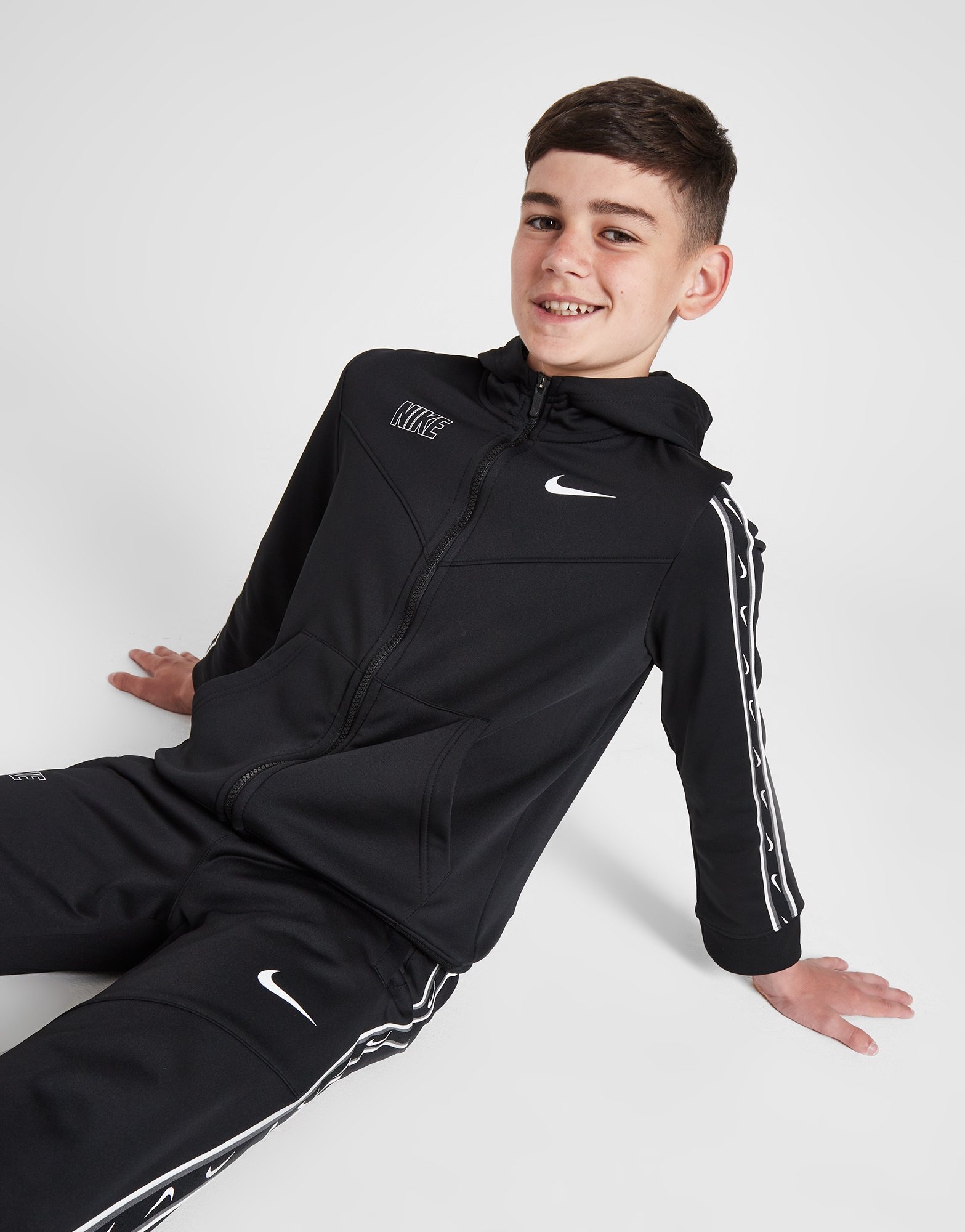 Black Nike Repeat Tape Poly Full Zip Hoodie Junior | JD Sports UK