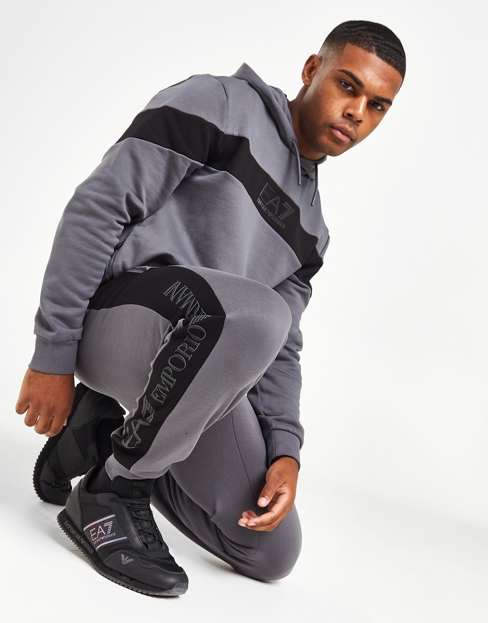 Grey Emporio Armani EA7 Colour Block Overhead Hoodie Tracksuit | JD ...