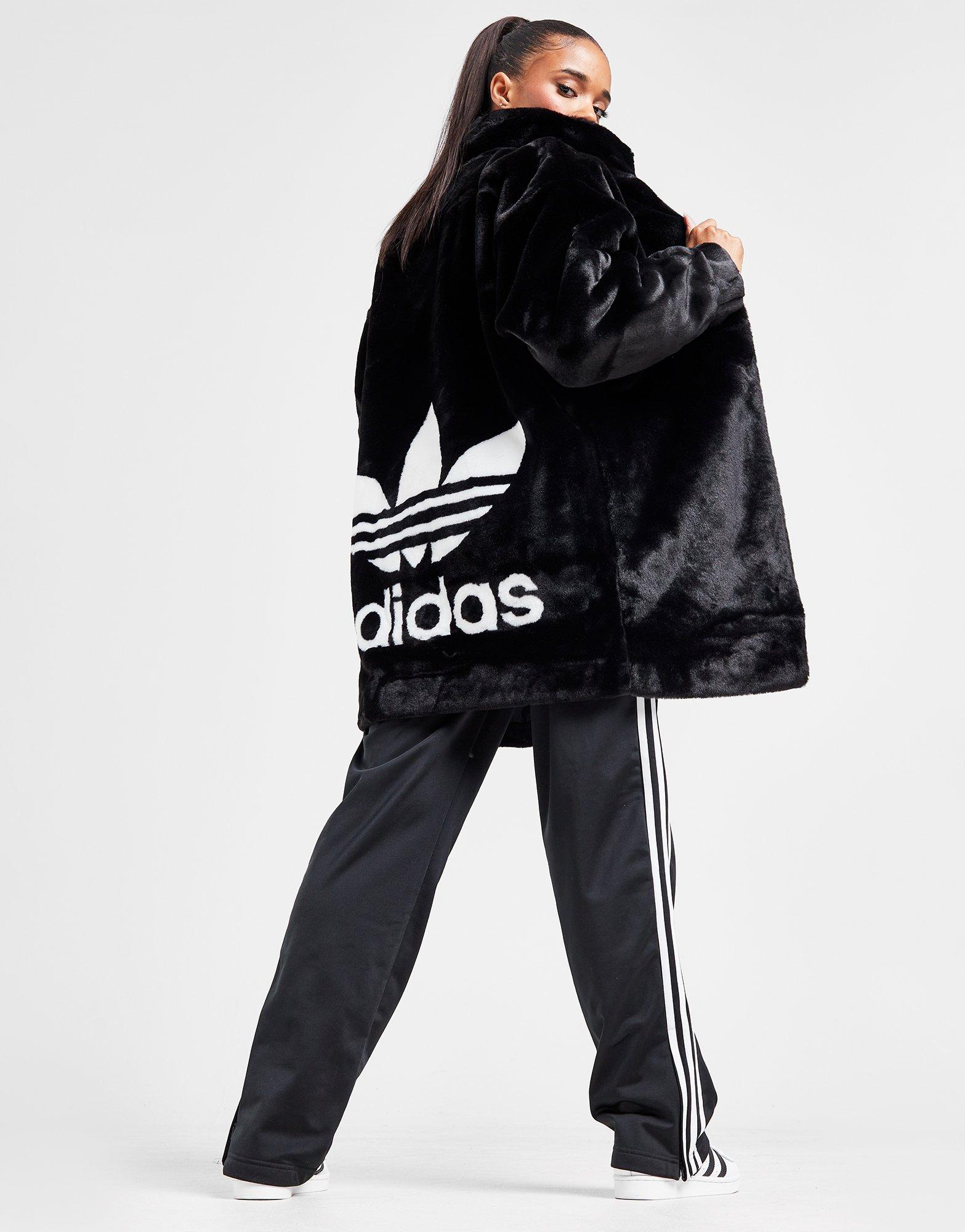 Adidas originals faux fur jacket clearance with back trefoil logo in black