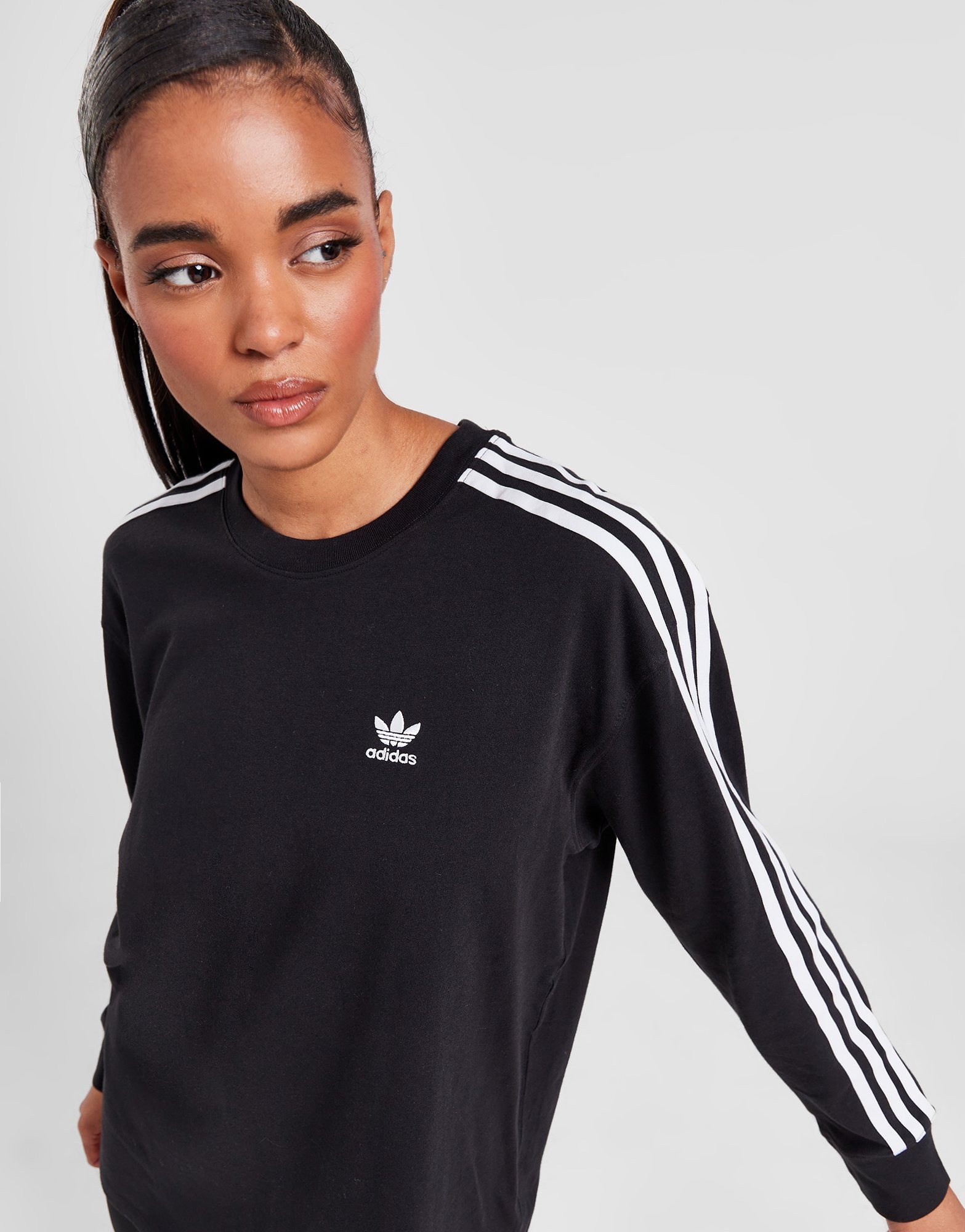 Black adidas Originals 3-Stripes Long Sleeve Boyfriend T-Shirt | JD ...