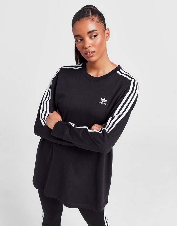 Black adidas Originals 3-Stripes Long Sleeve Boyfriend T-Shirt | JD ...