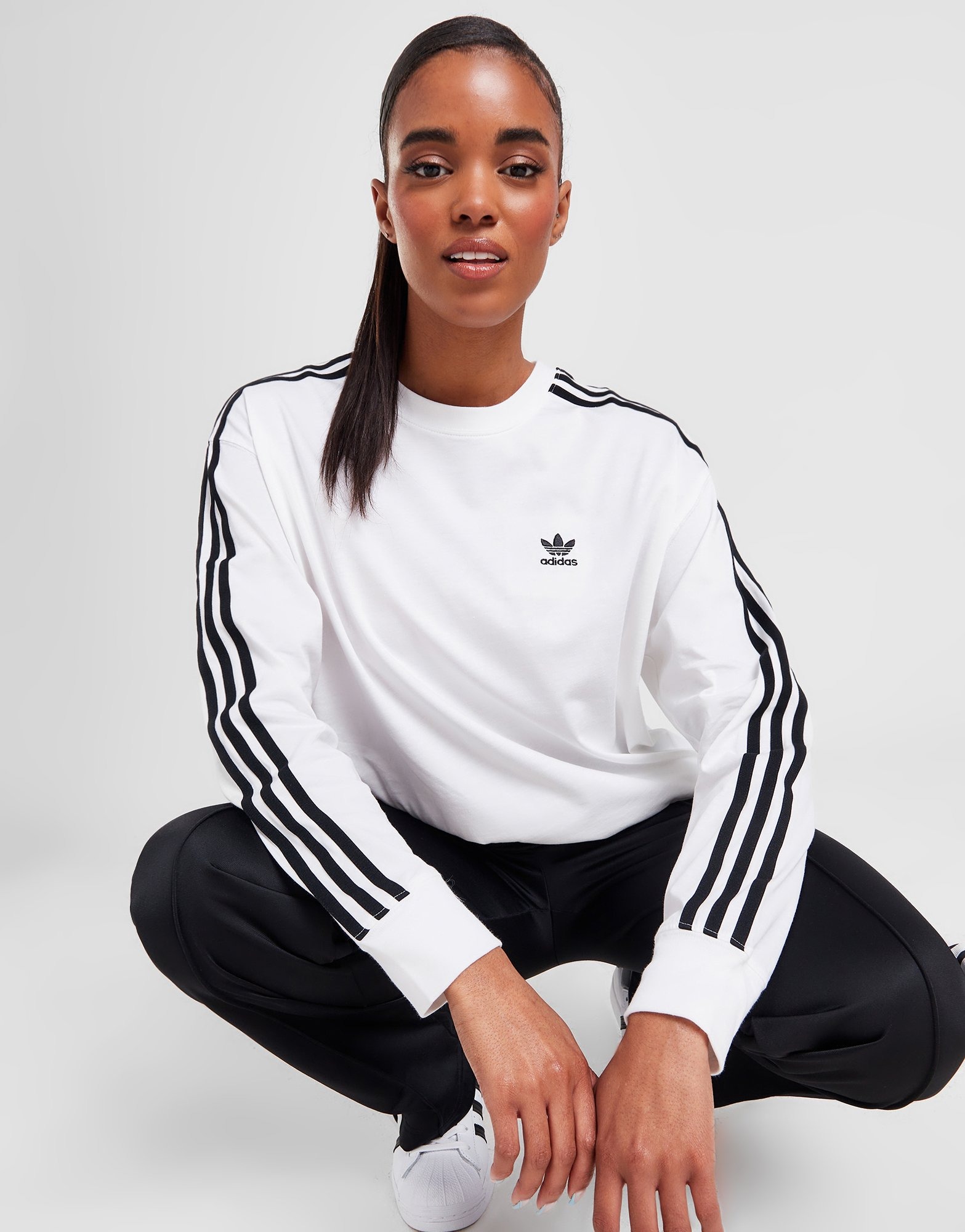 White adidas Originals 3Stripes Long Sleeve Boyfriend TShirt JD