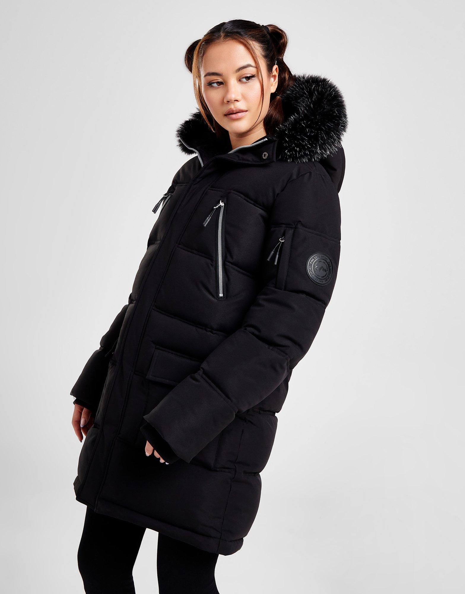 Closure London Womens Cropped Fur Hooded Puffer Jacket, Black / Light Fur