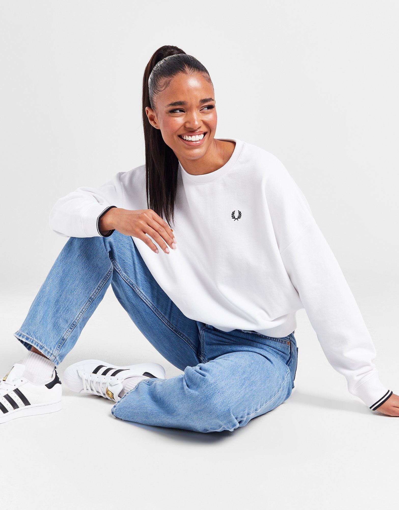 White Fred Perry Twin Tip Logo Crew Sweatshirt JD Sports