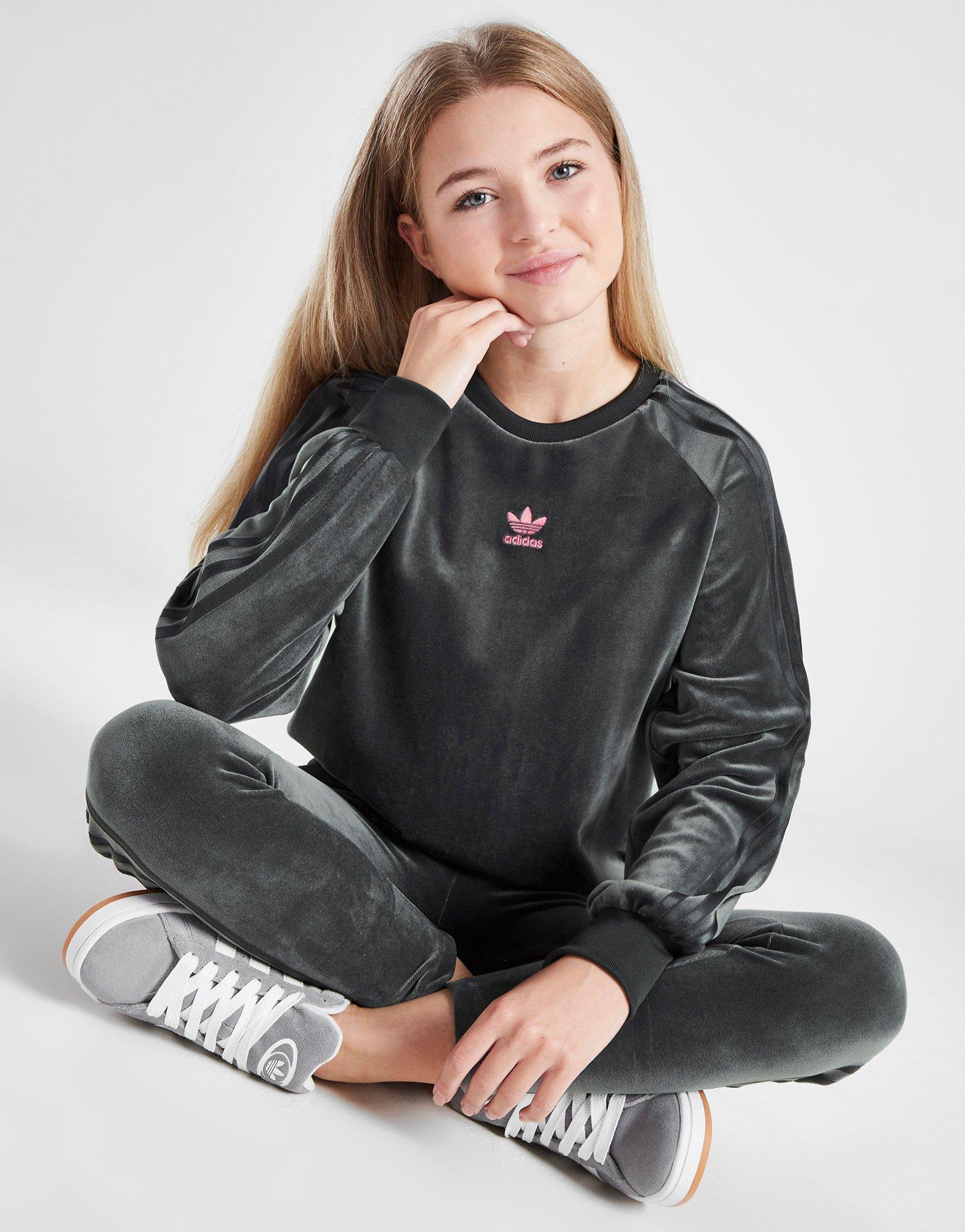 Grey adidas Originals Girls Velour Crew Sweatshirt Junior JD