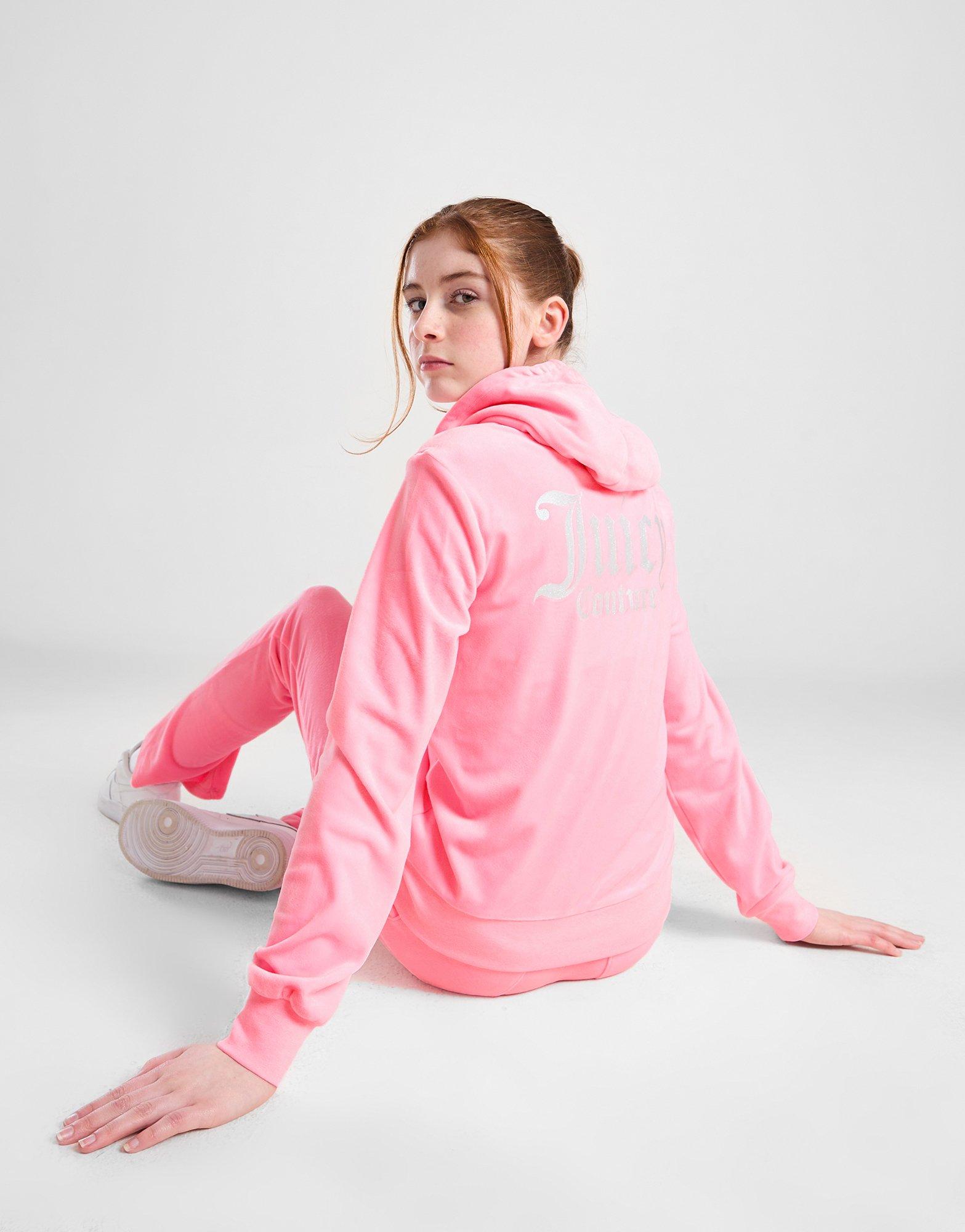 Juicy Couture Girls Diamante Zip Through Velour Hoodie & Bootcut Bottoms  Set - Pink