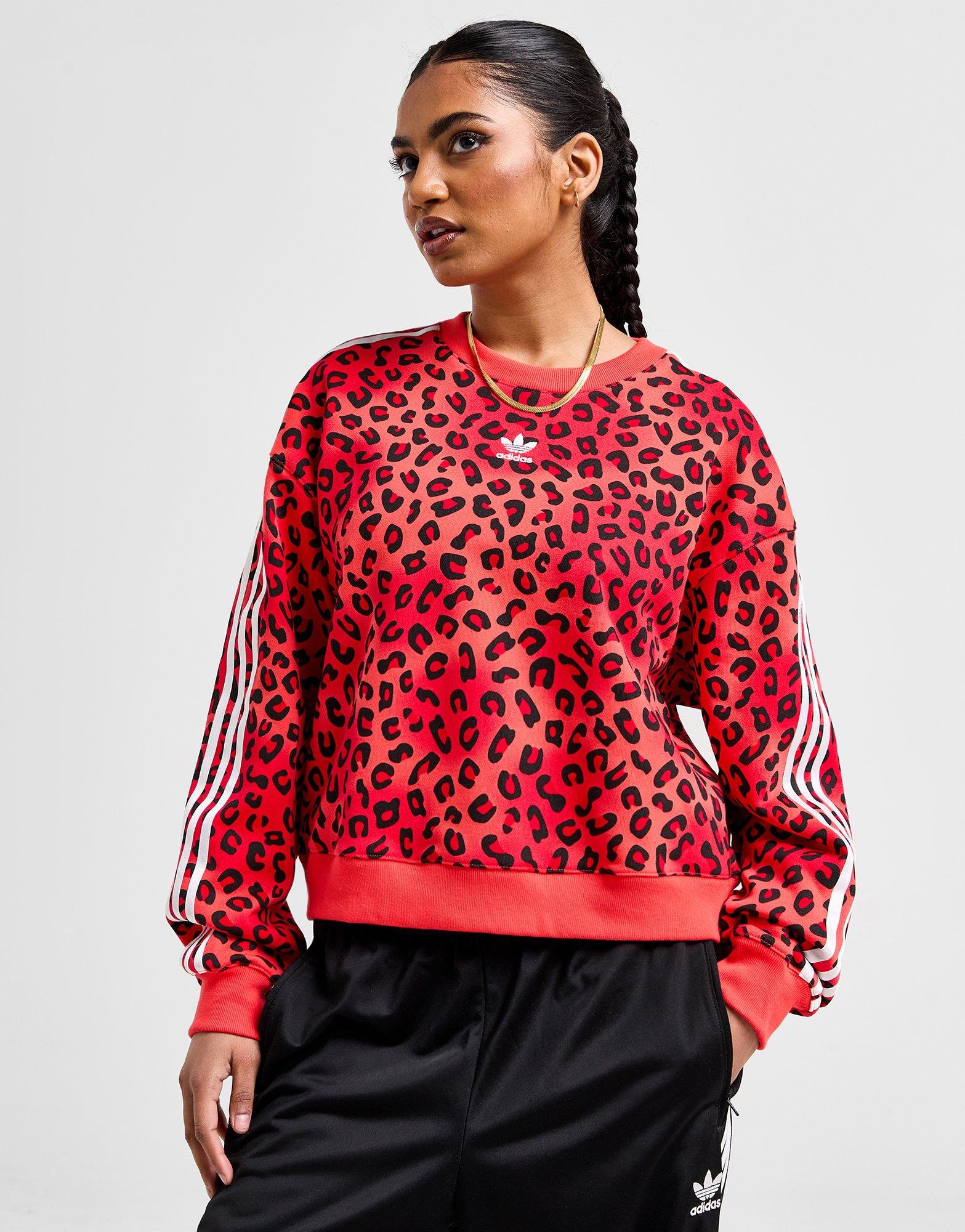 Red adidas Originals 3 Stripes Leopard Boxy Crew Sweatshirt JD