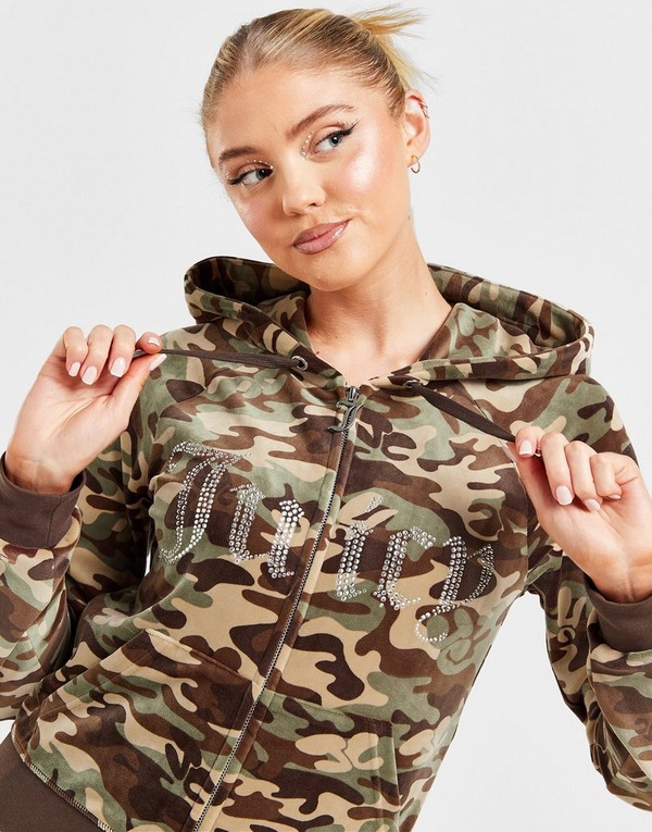 Green JUICY COUTURE Diamante Velour Camo Hoodie - JD Sports Global