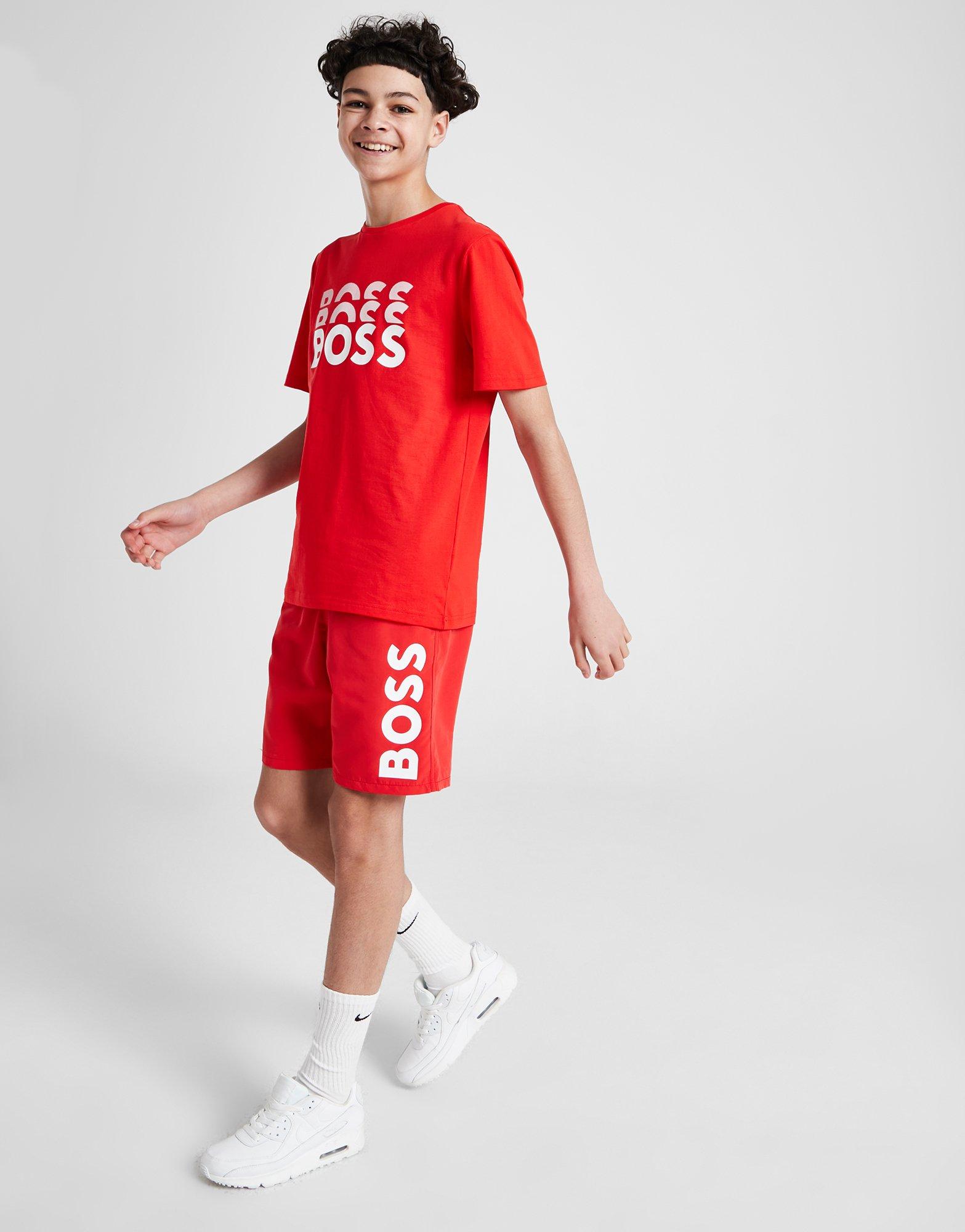 Red BOSS Side Print Swim Shorts Junior JD Sports Global