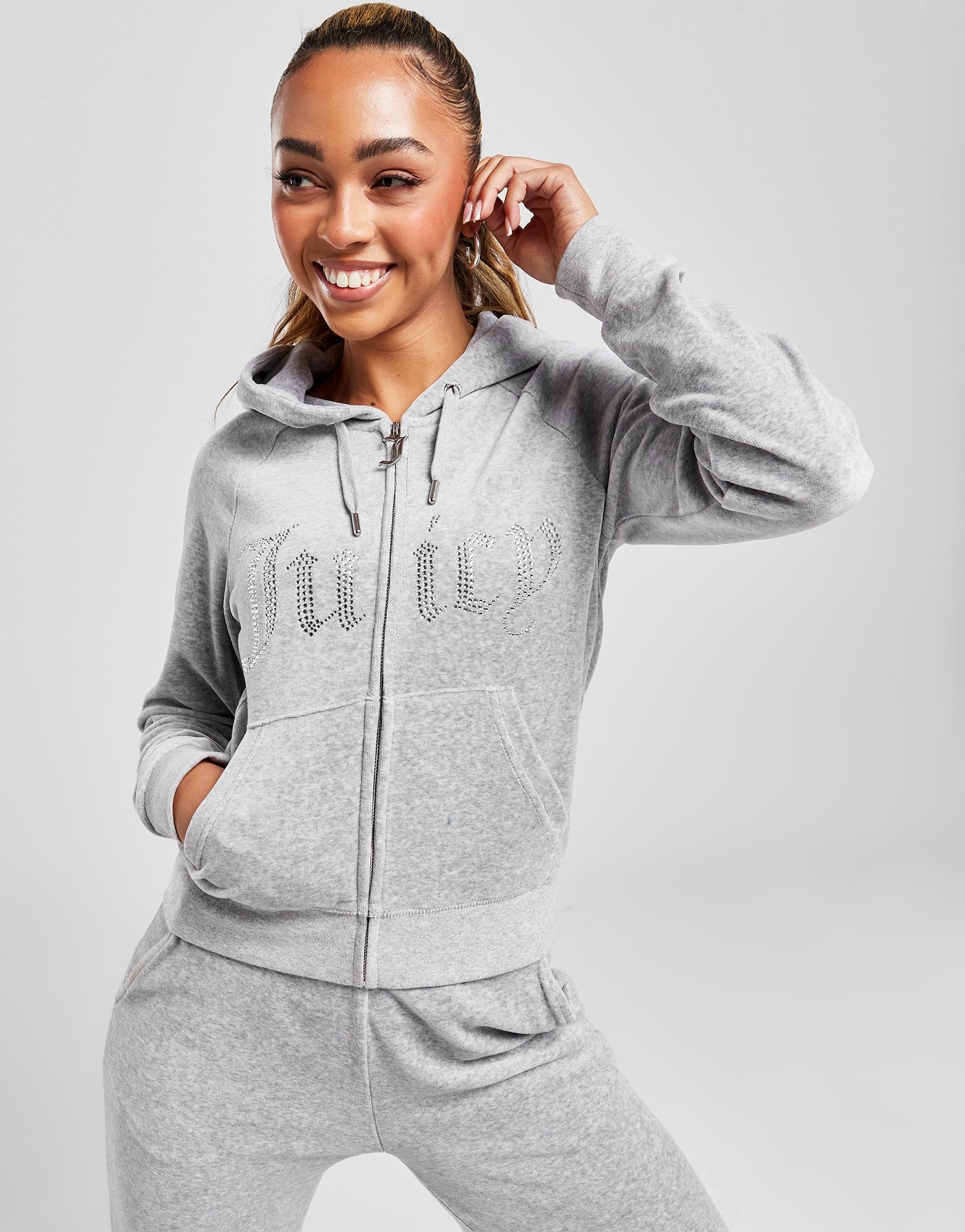 Grey JUICY COUTURE Diamante Velour Full Zip Hoodie JD Sports Global