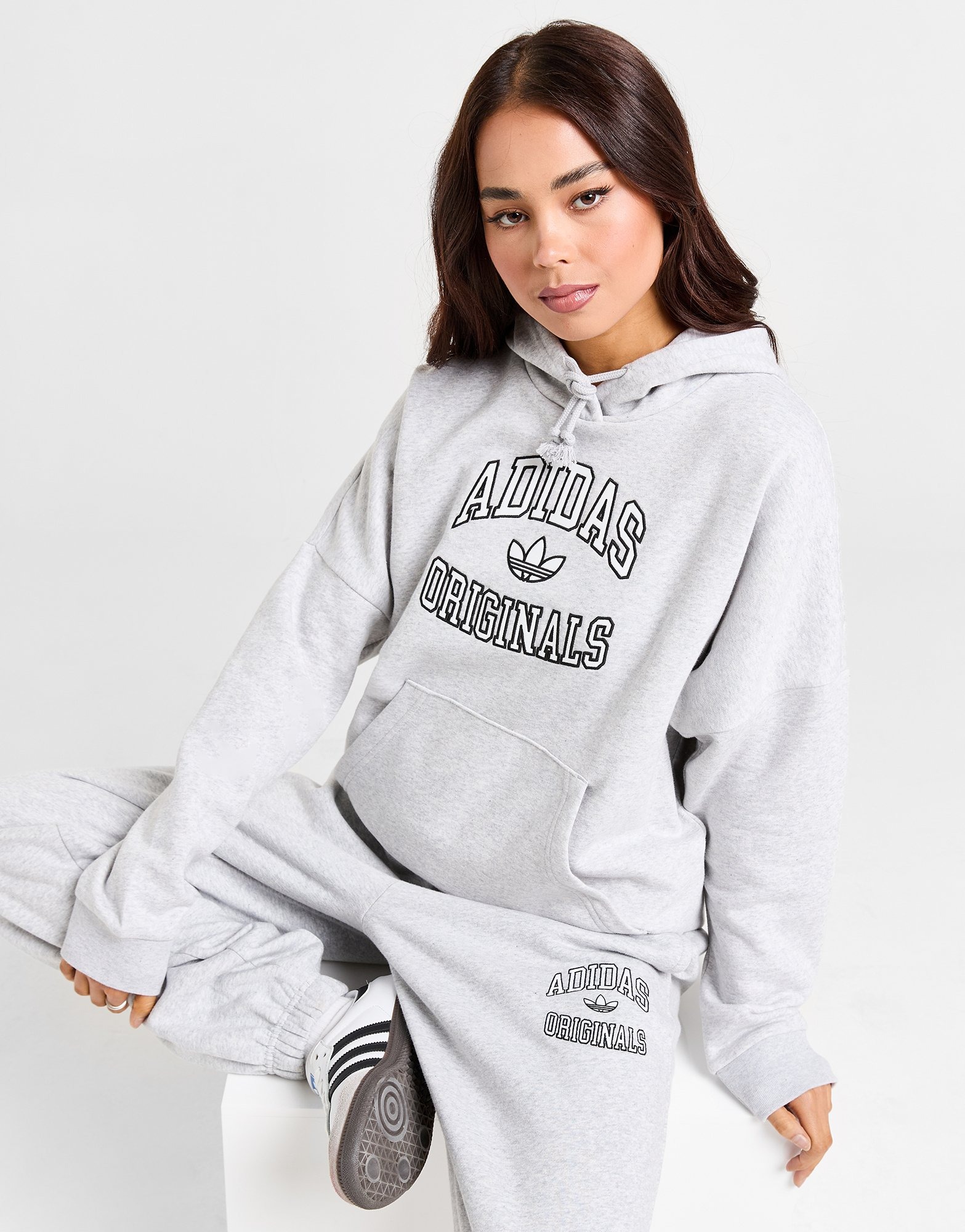 Grey adidas hoodie with white logo best sale