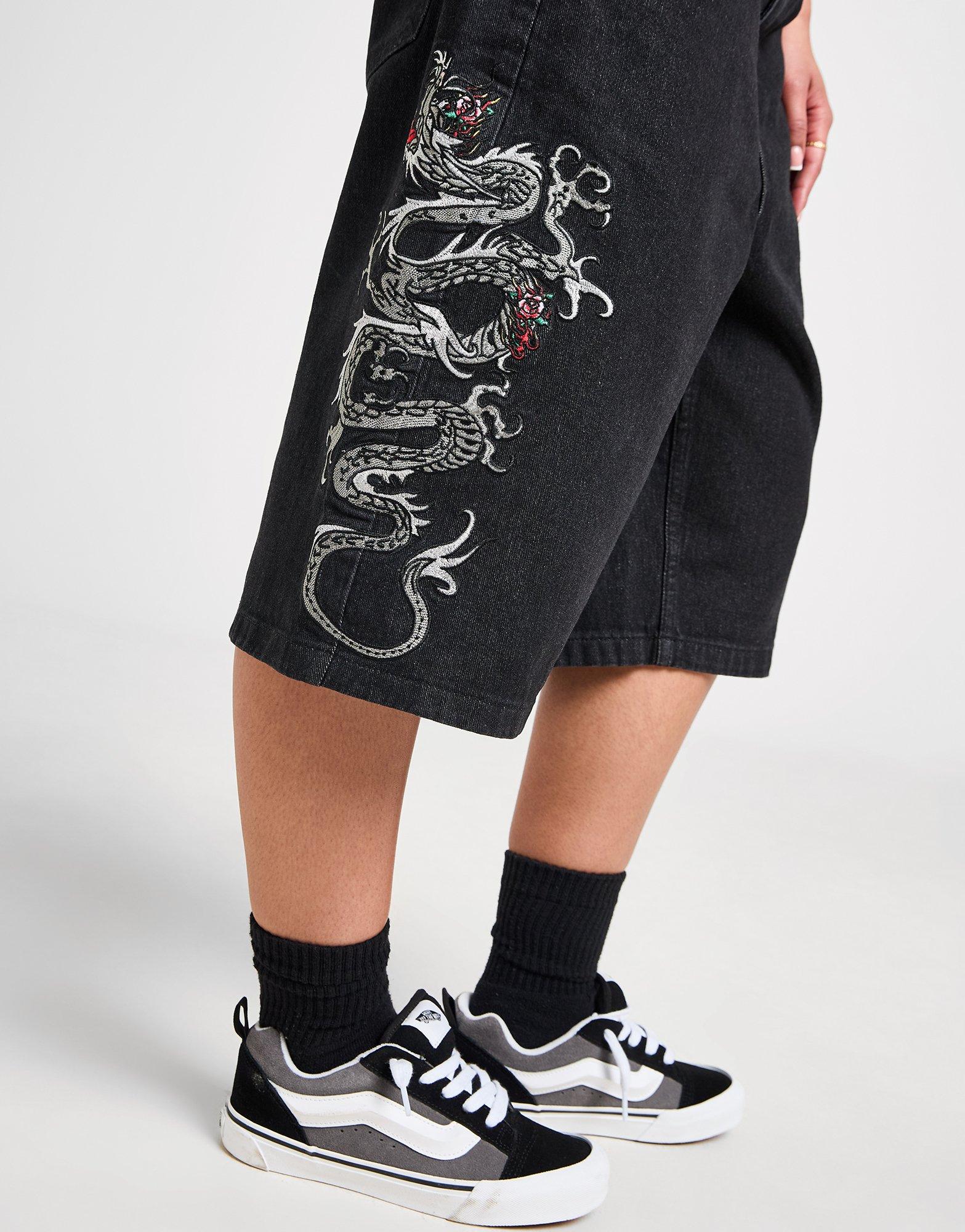 Ed Hardy ★ Dragon Jorts ジョーツ ショーツ ドラゴン 黒 Mens Battle Dragon Denim Jorts Shorts - Washed Black – Ed