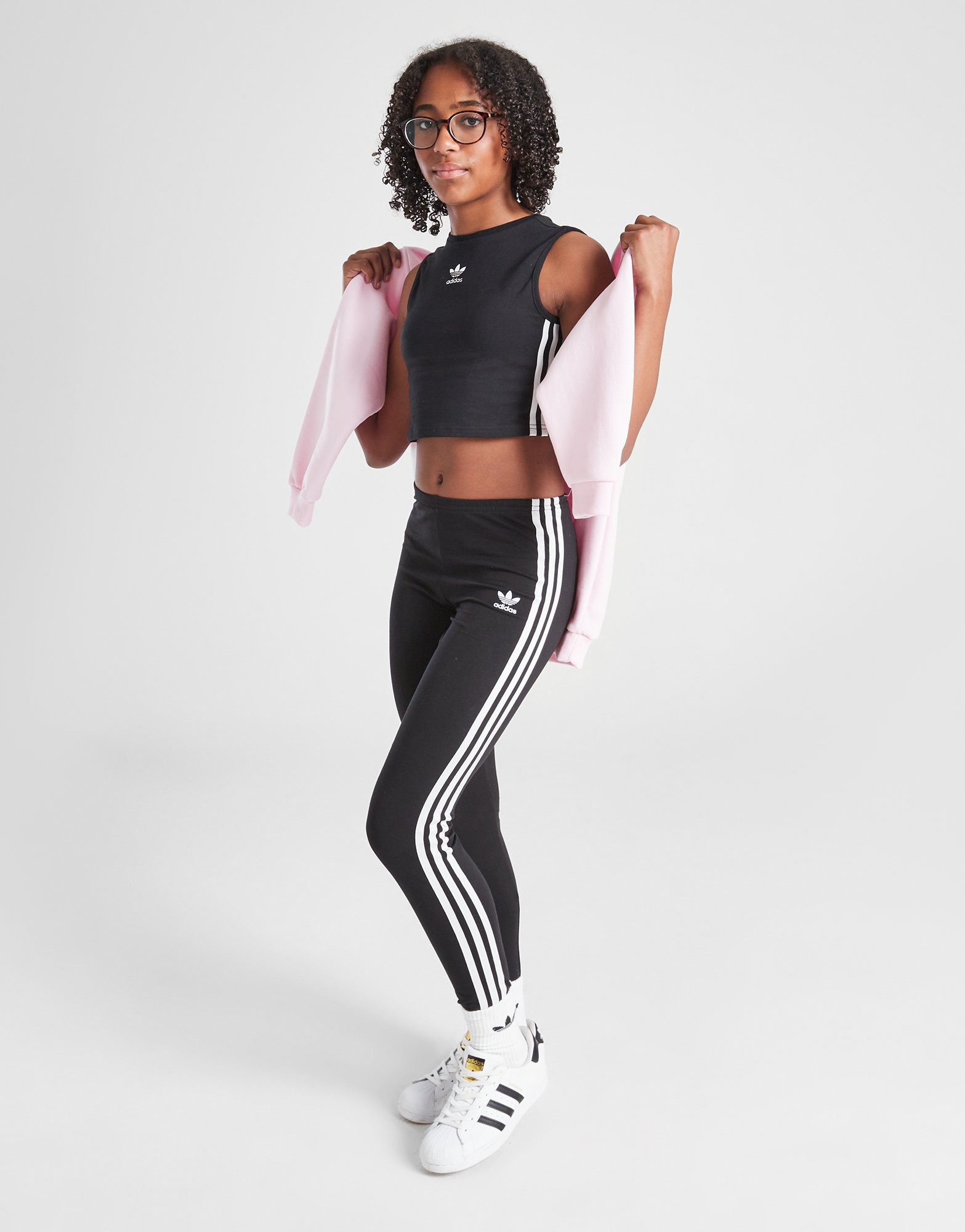 Black adidas Originals Girls' 3-Stripes Trefoil Leggings Junior