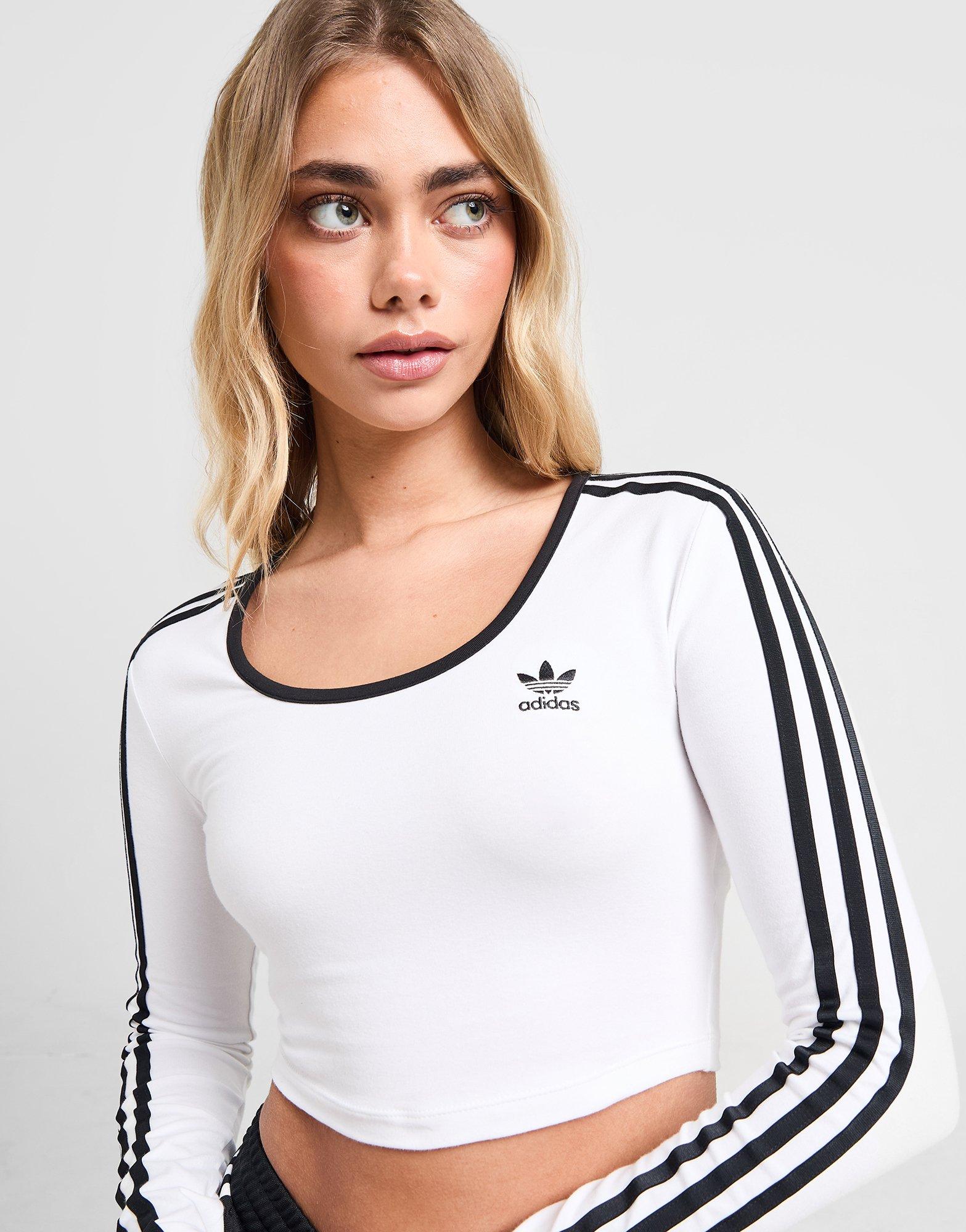 White adidas Originals 3-Stripes Scoop Long Sleeve Crop Top
