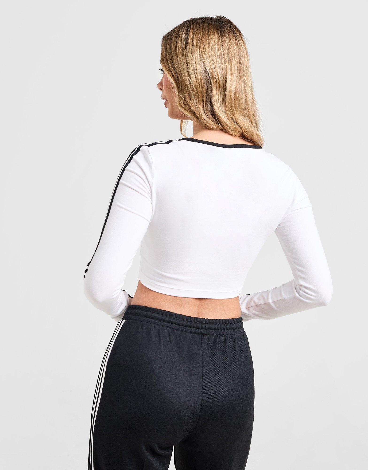 White adidas Originals 3-Stripes Scoop Long Sleeve Crop Top