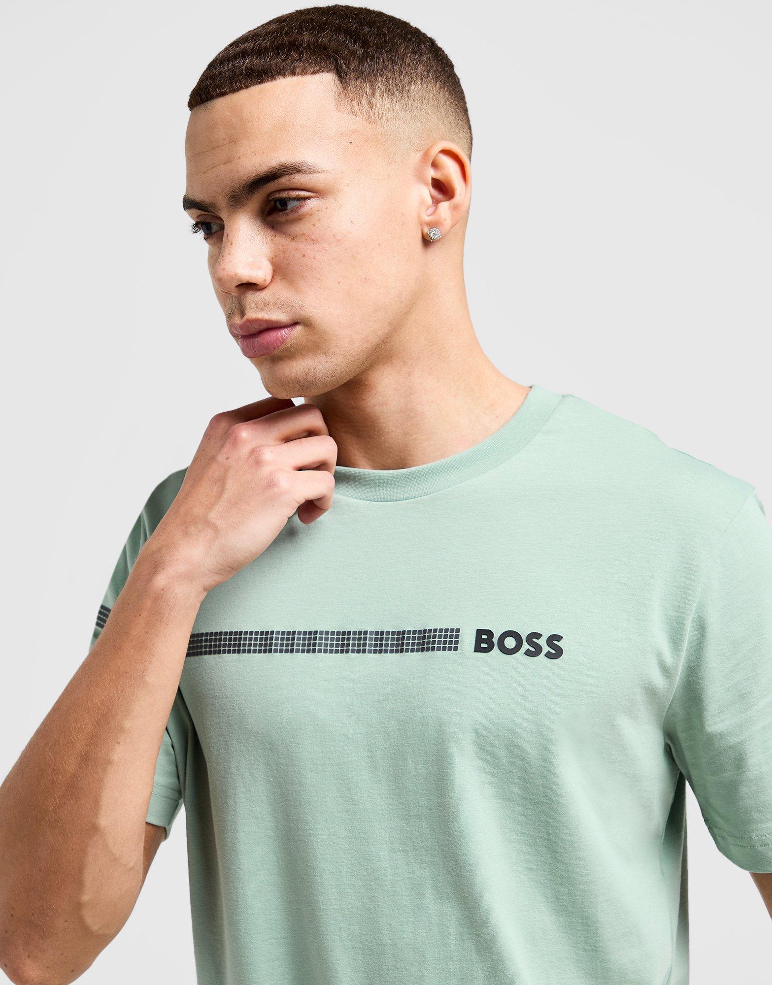 Tシャツ・カットソー BOSS Men T-shirt Green 50534923 368 BOSS - Stretch-cotton T-shirt with stripes and logo - Green