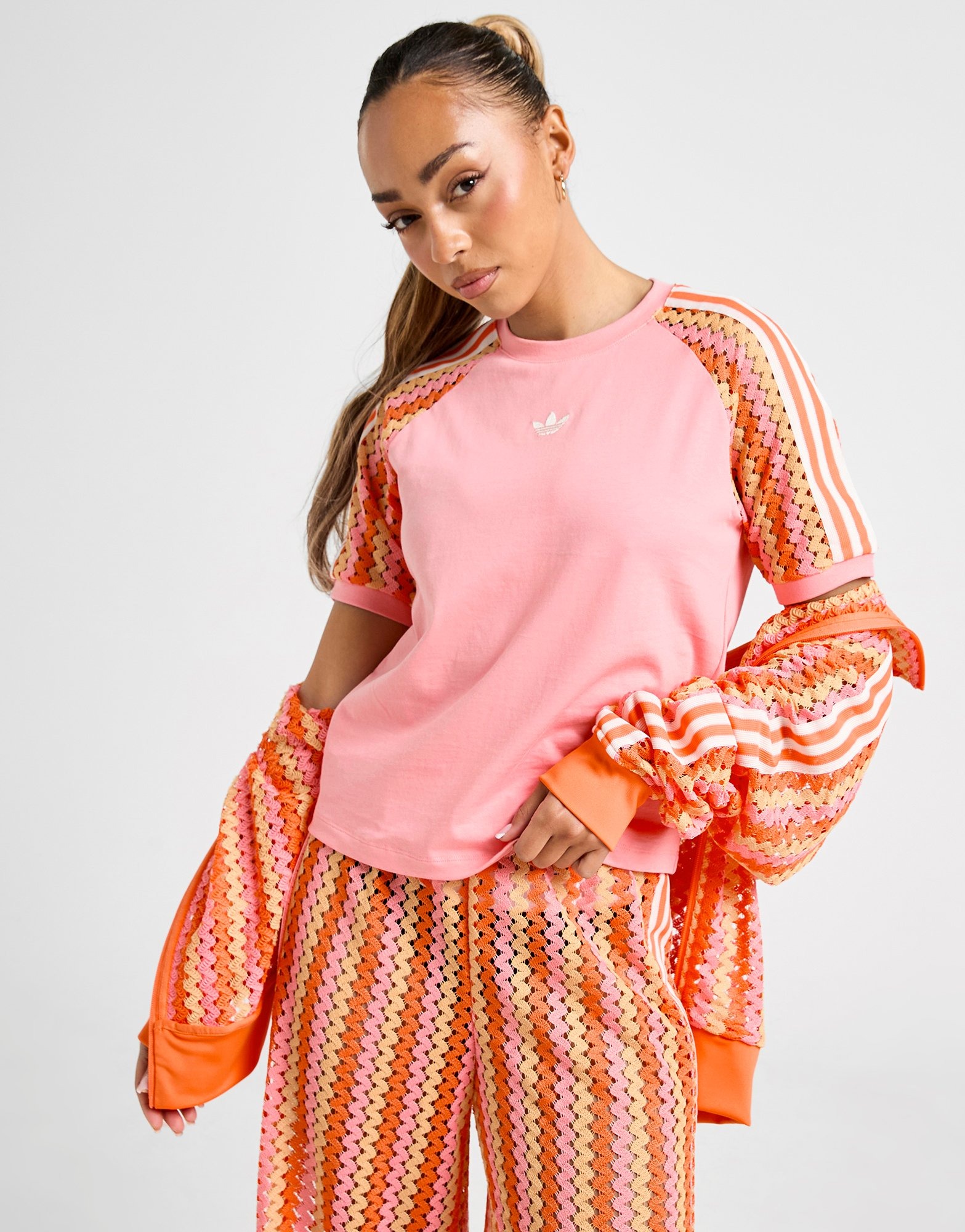 Pink adidas Originals 3-Stripes Crochet Cali T-Shirt - JD