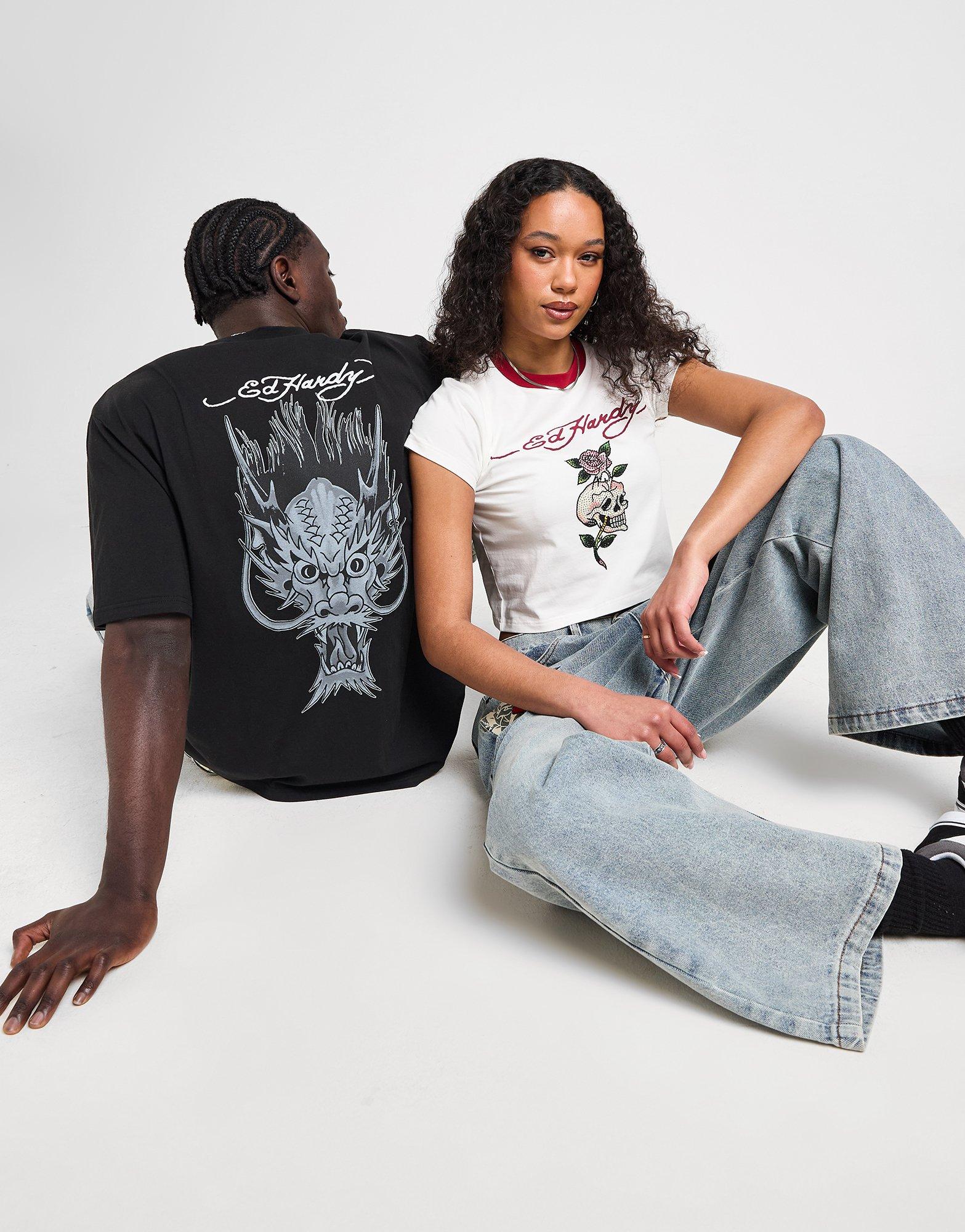 Ed Hardy Skull Diamante Ringer T-Shirt
