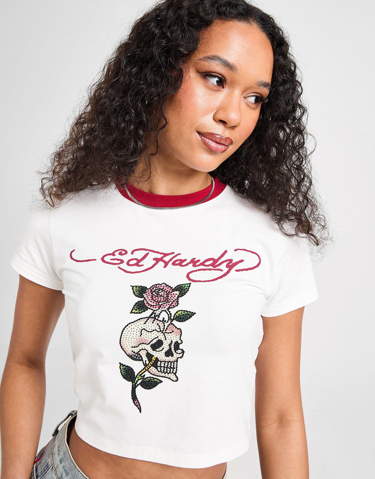 Ed Hardy Skull Diamante Ringer T-Shirt