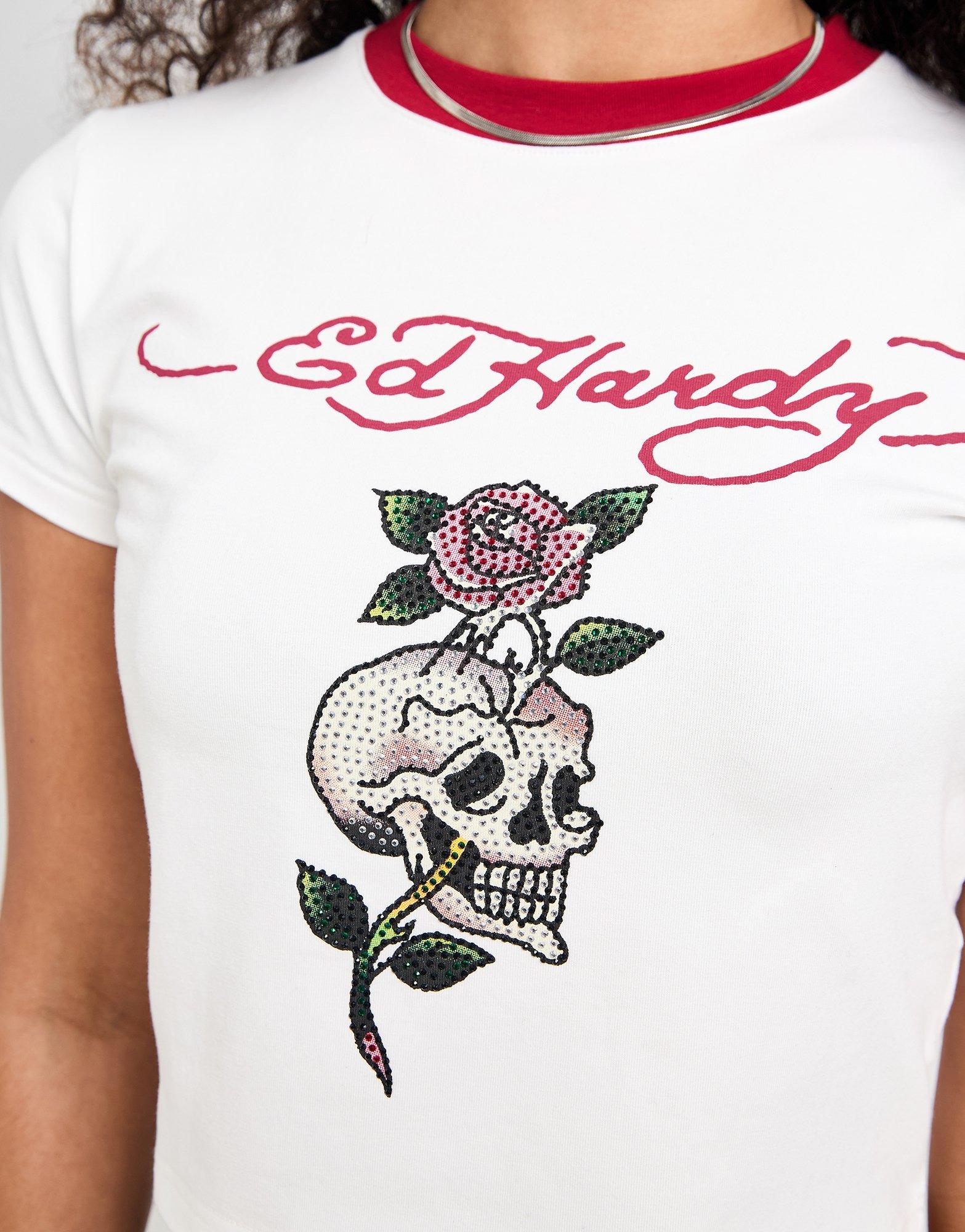 Ed Hardy☆Skull Diamante Ringer T-Shirt Tシャツ 2色【UK発】 White Ed Hardy Skull Diamante Ringer T-Shirt - JD Sports Global