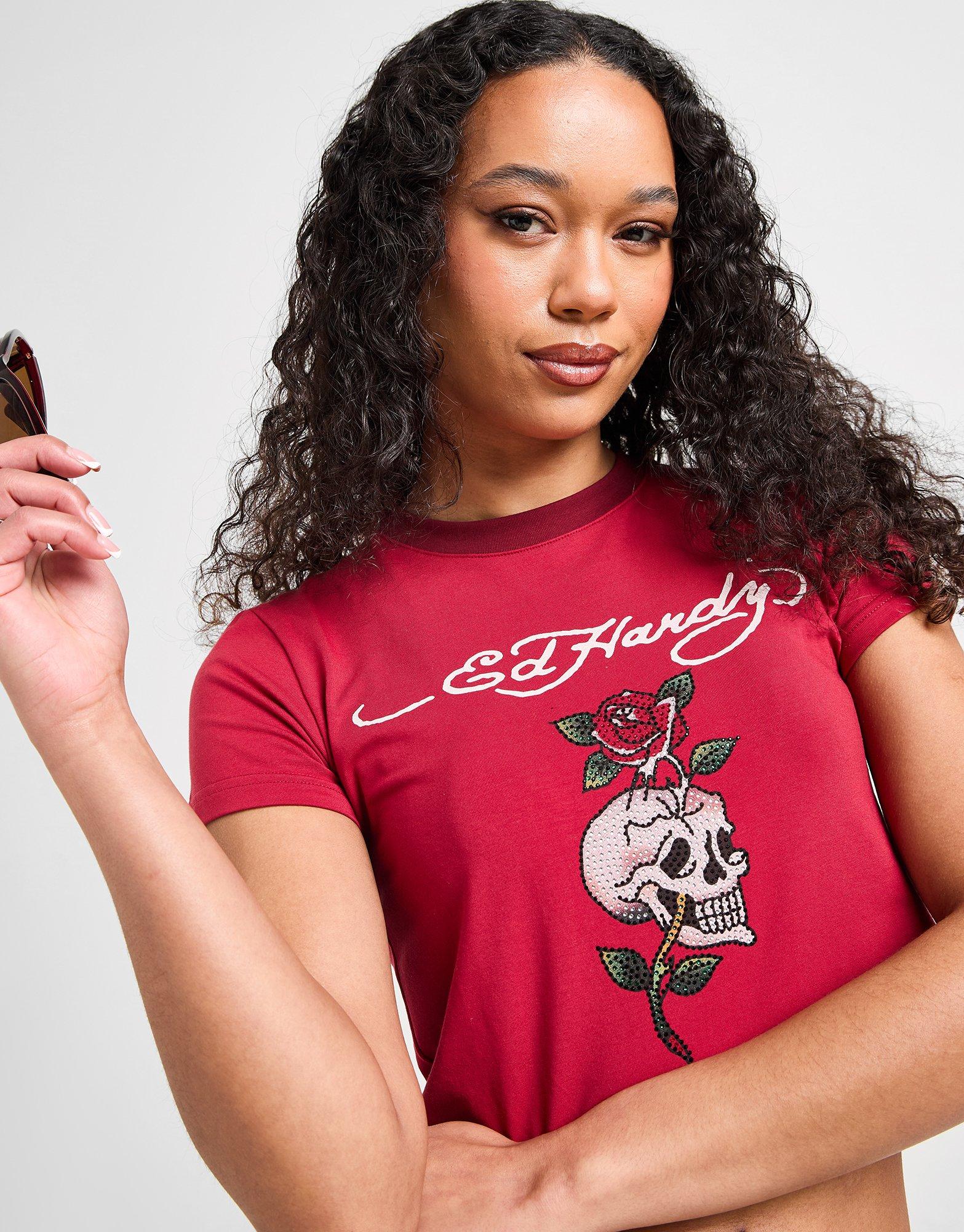 Ed Hardy☆Skull Diamante Ringer T-Shirt Tシャツ 2色【UK発】 Red Ed Hardy Skull Diamante Ringer T-Shirt - JD Sports Global