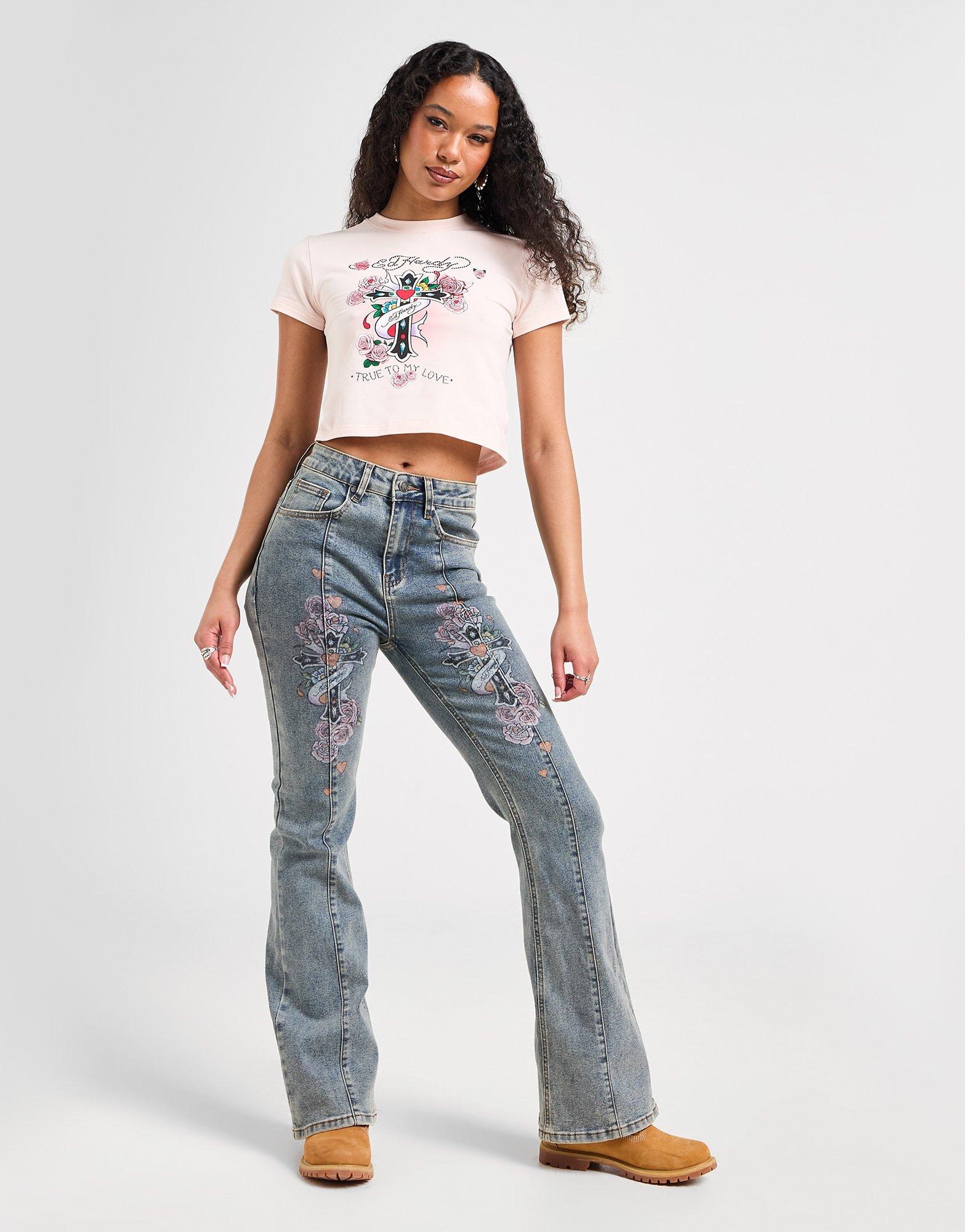 Ed Hardy Floral Cross Flare Jeans