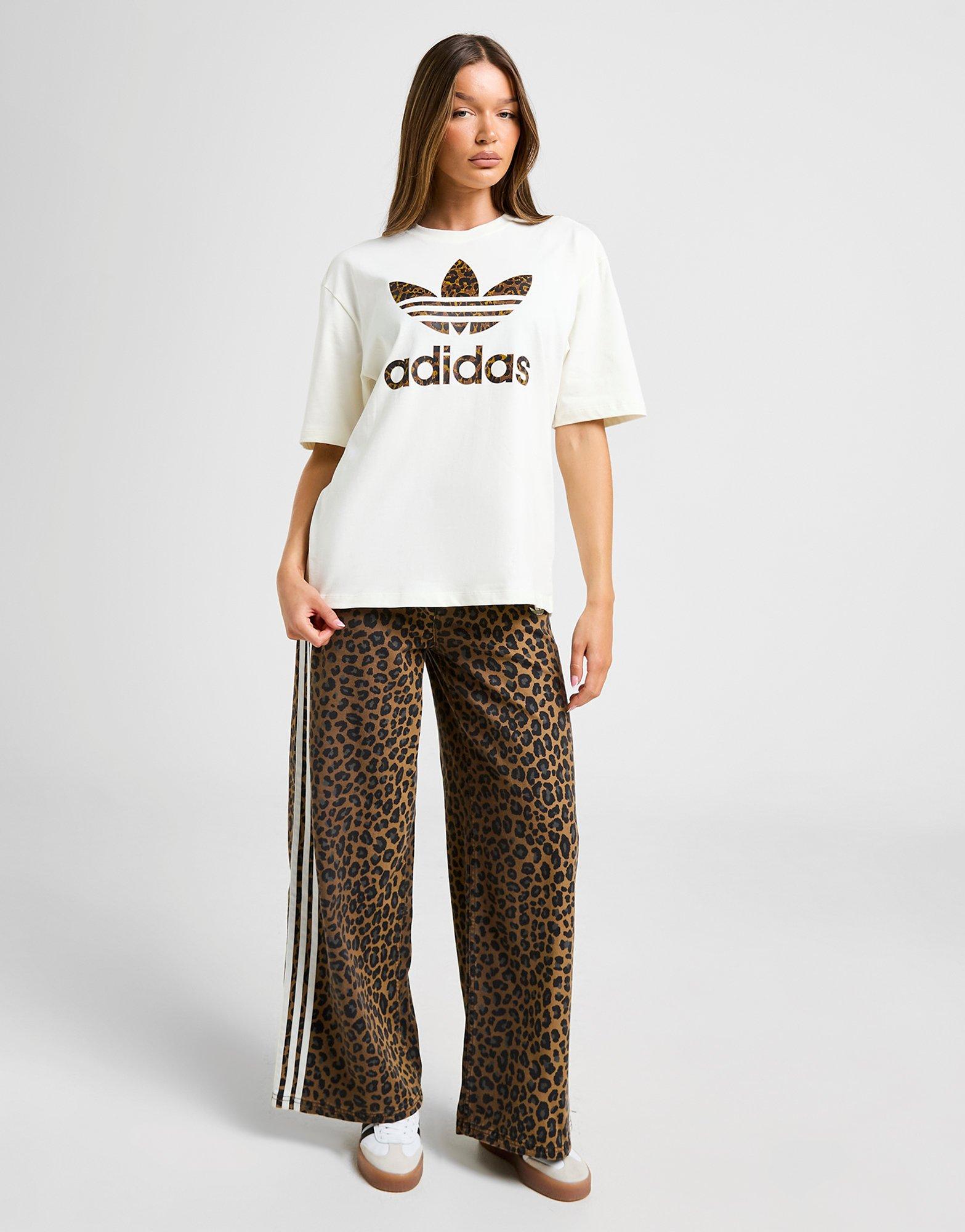 White adidas Originals Leopard Print Trefoil Boyfriend T