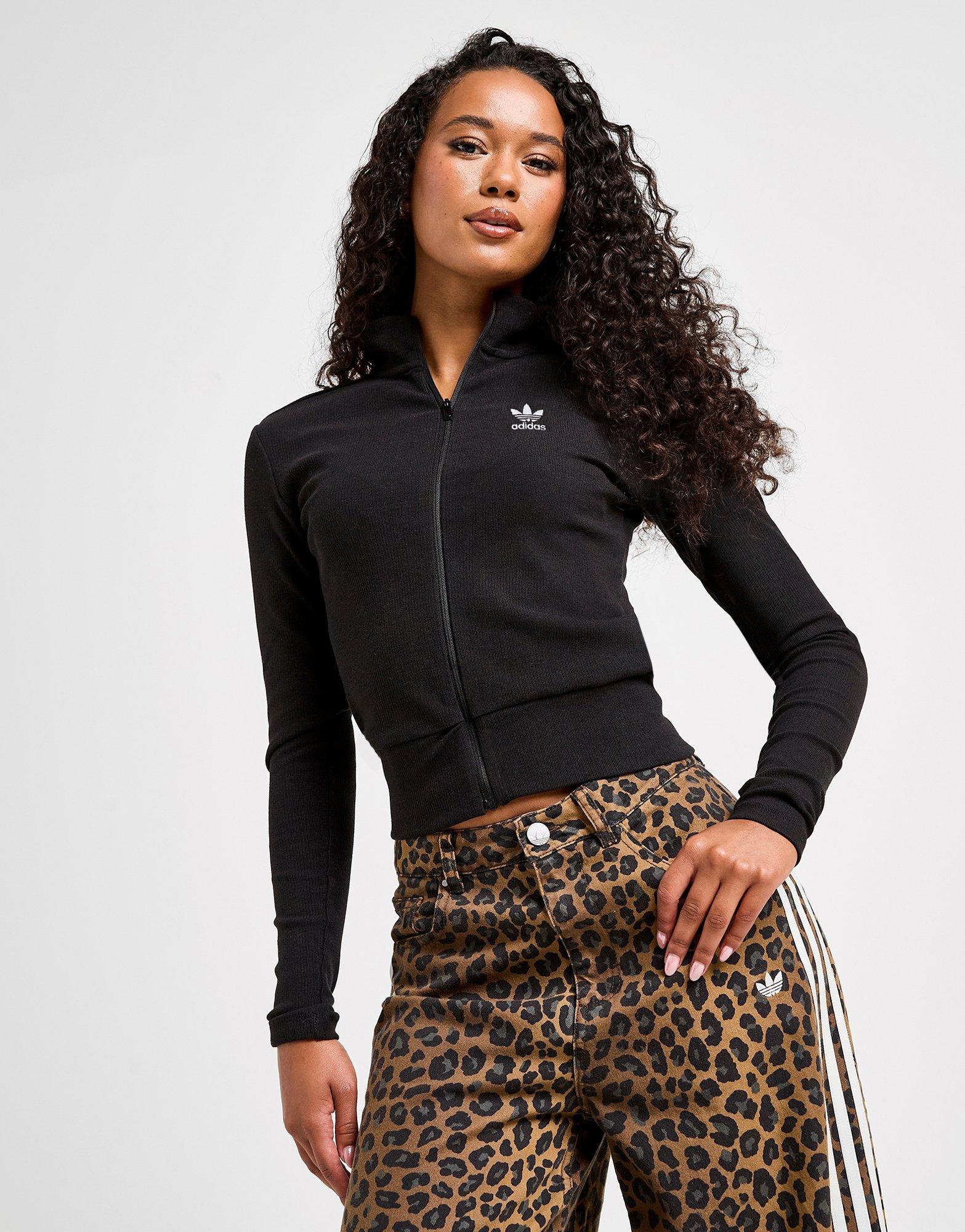 Black adidas Originals Essential Ribbed Long Sleeve Full Zip Top